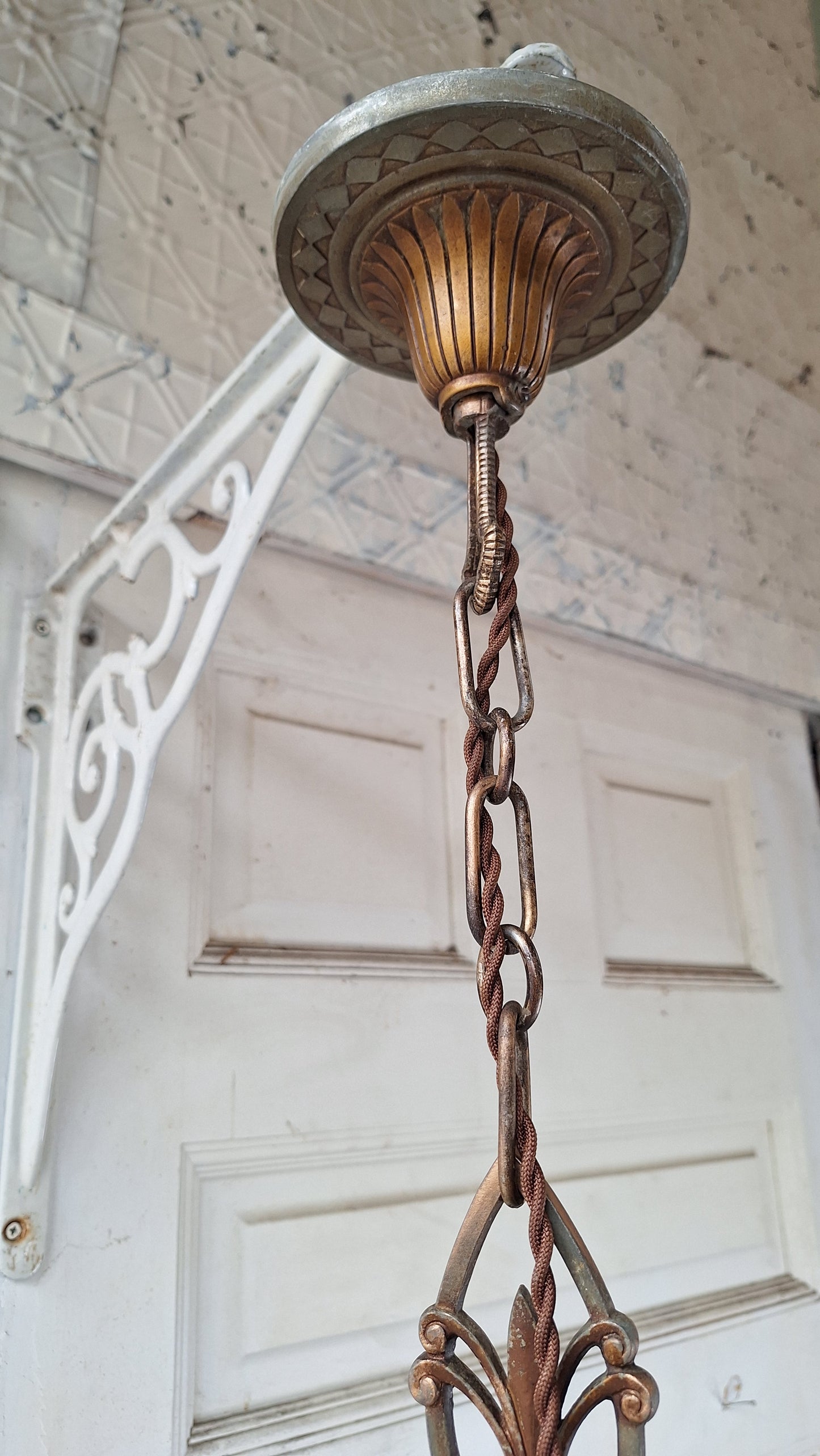 Three Shade Art Deco Era Slip Shade Chandelier, Vintage Glass Shell Ceiling Light