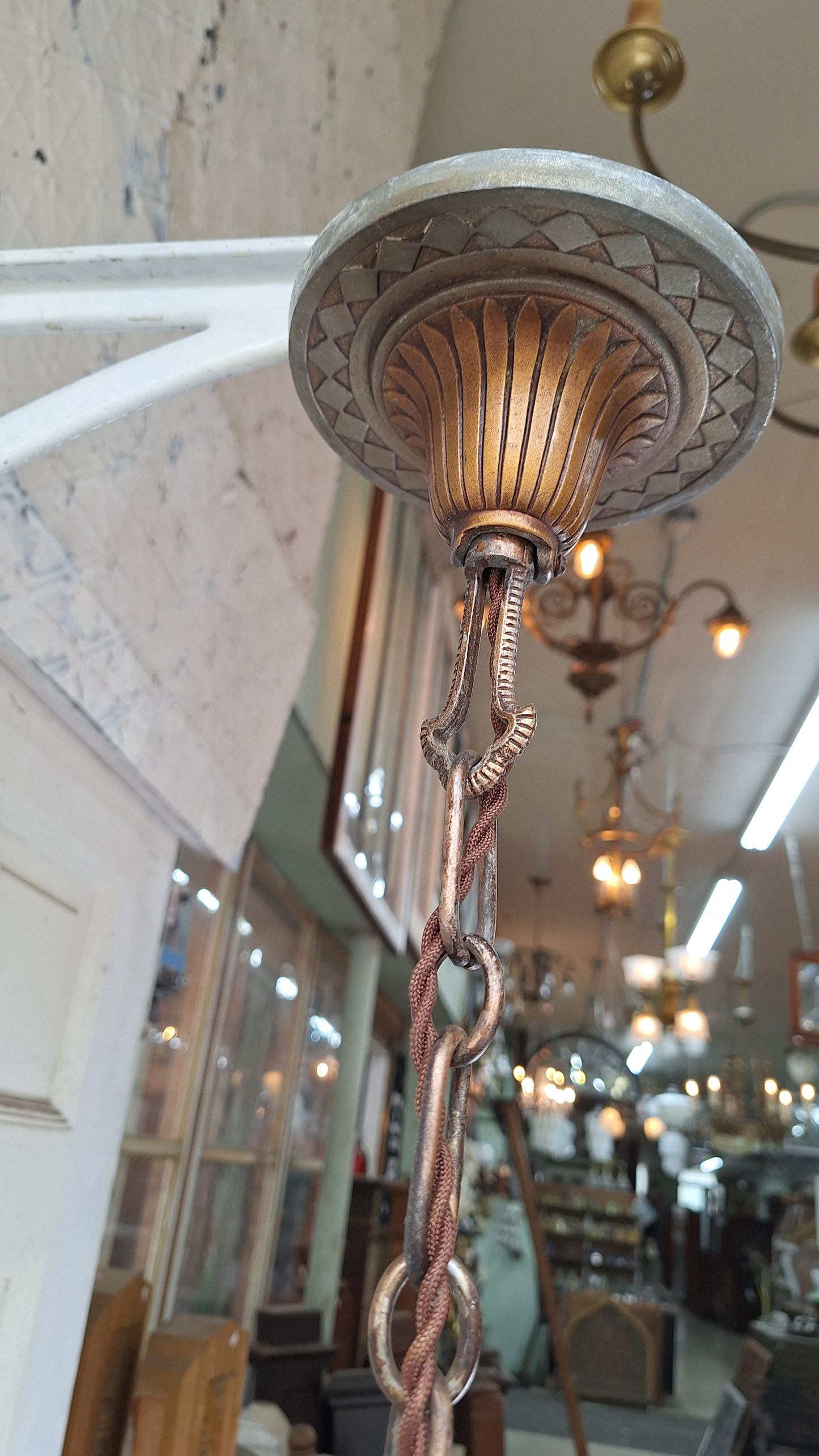Three Shade Art Deco Era Slip Shade Chandelier, Vintage Glass Shell Ceiling Light