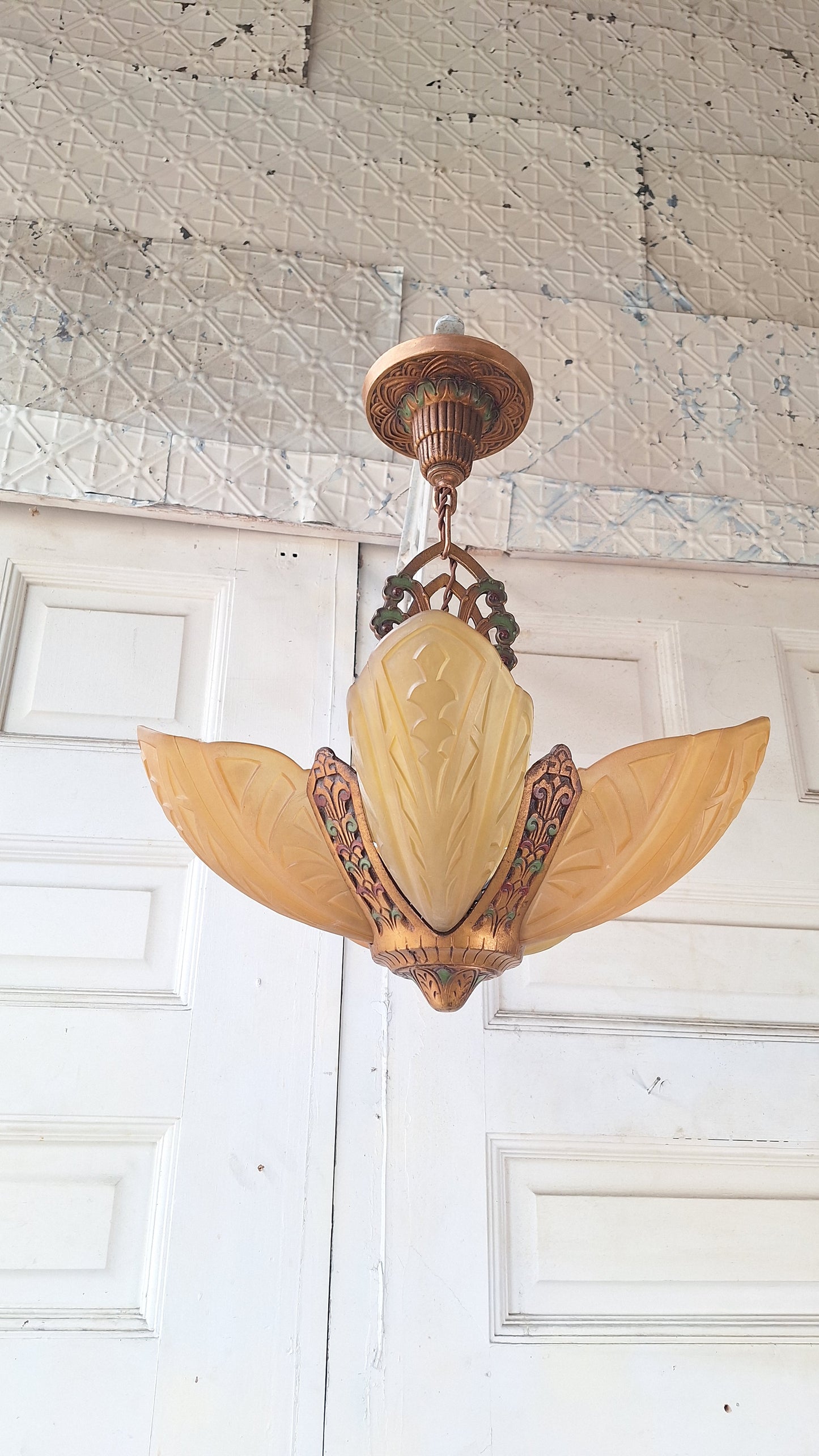 Art Deco Era Slip Shade Chandelier, Vintage Glass Shell Ceiling Light