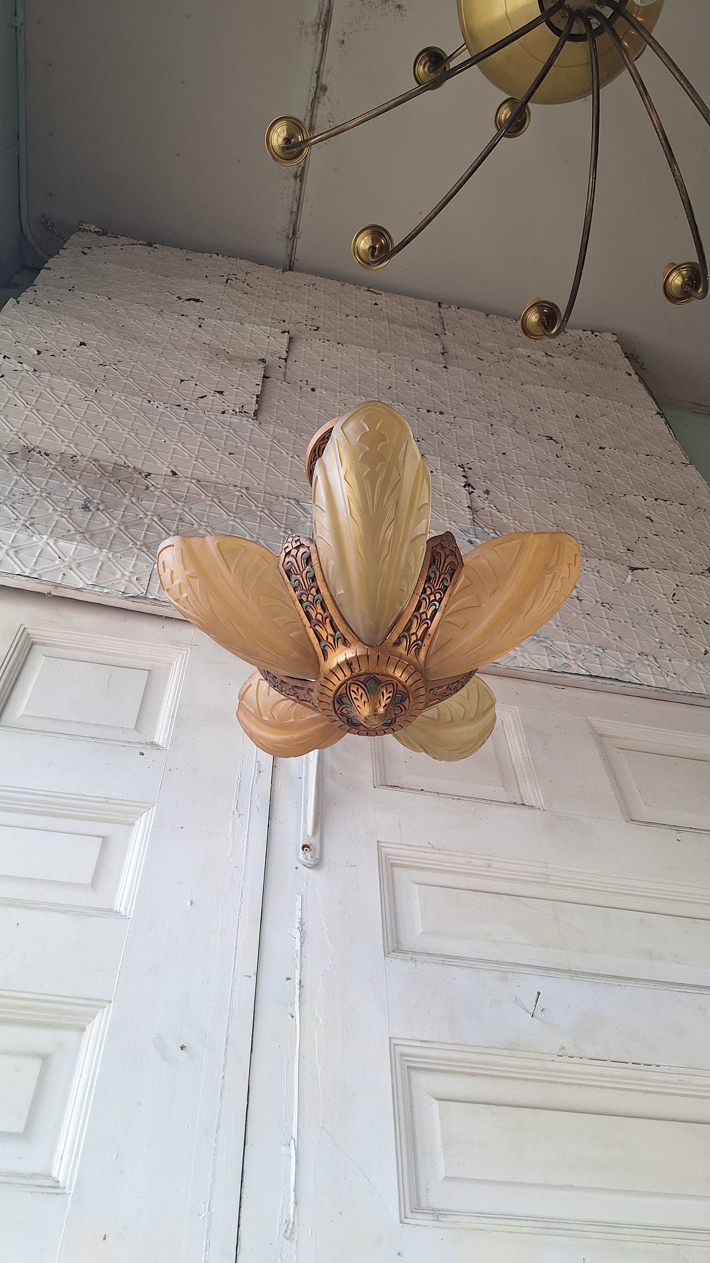 Art Deco Era Slip Shade Chandelier, Vintage Glass Shell Ceiling Light