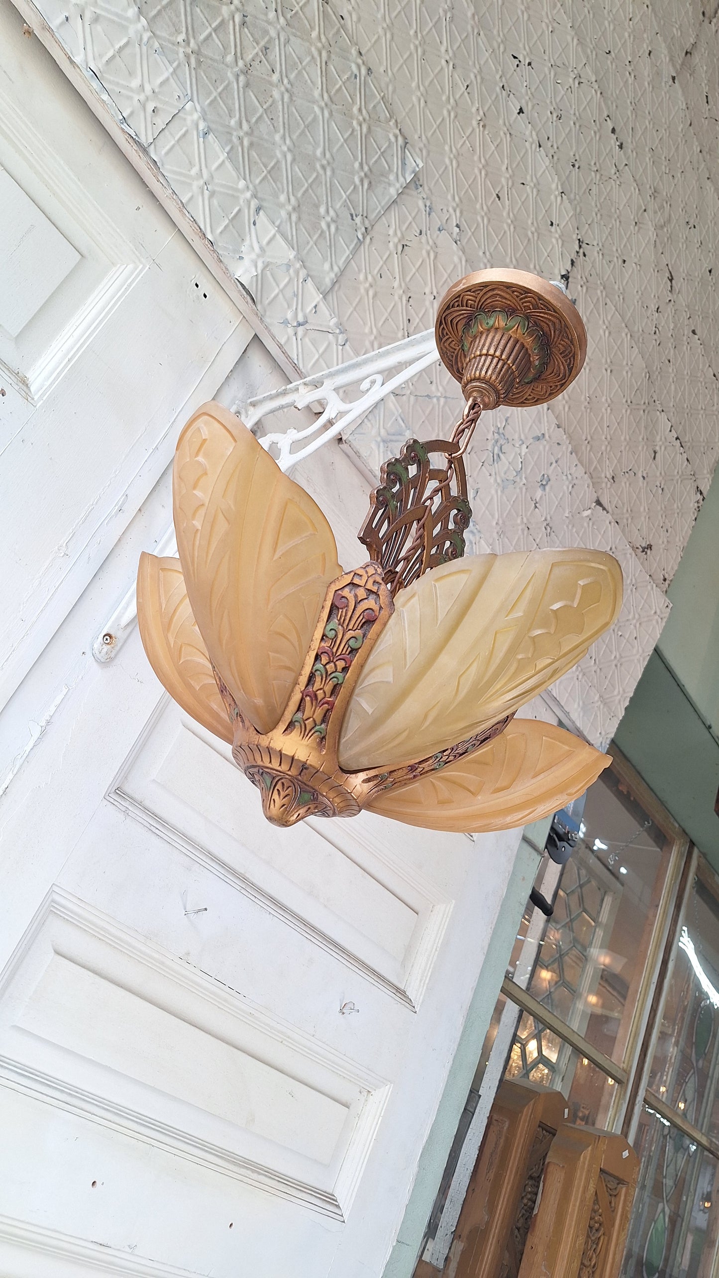Art Deco Era Slip Shade Chandelier, Vintage Glass Shell Ceiling Light