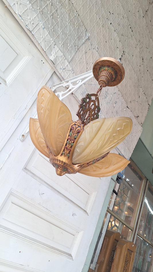 Art Deco Era Slip Shade Chandelier, Vintage Glass Shell Ceiling Light