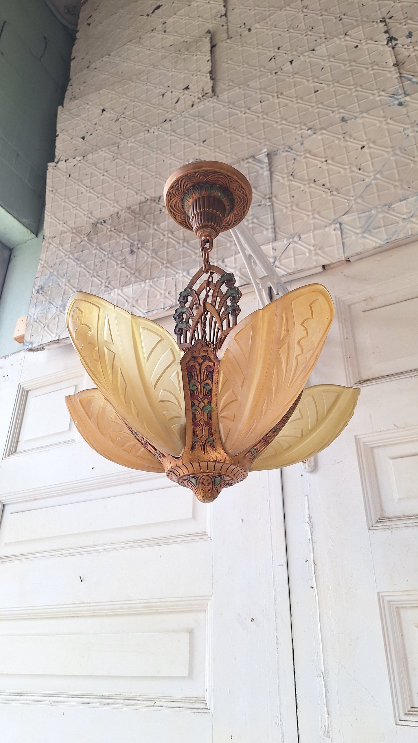 Art Deco Era Slip Shade Chandelier, Vintage Glass Shell Ceiling Light