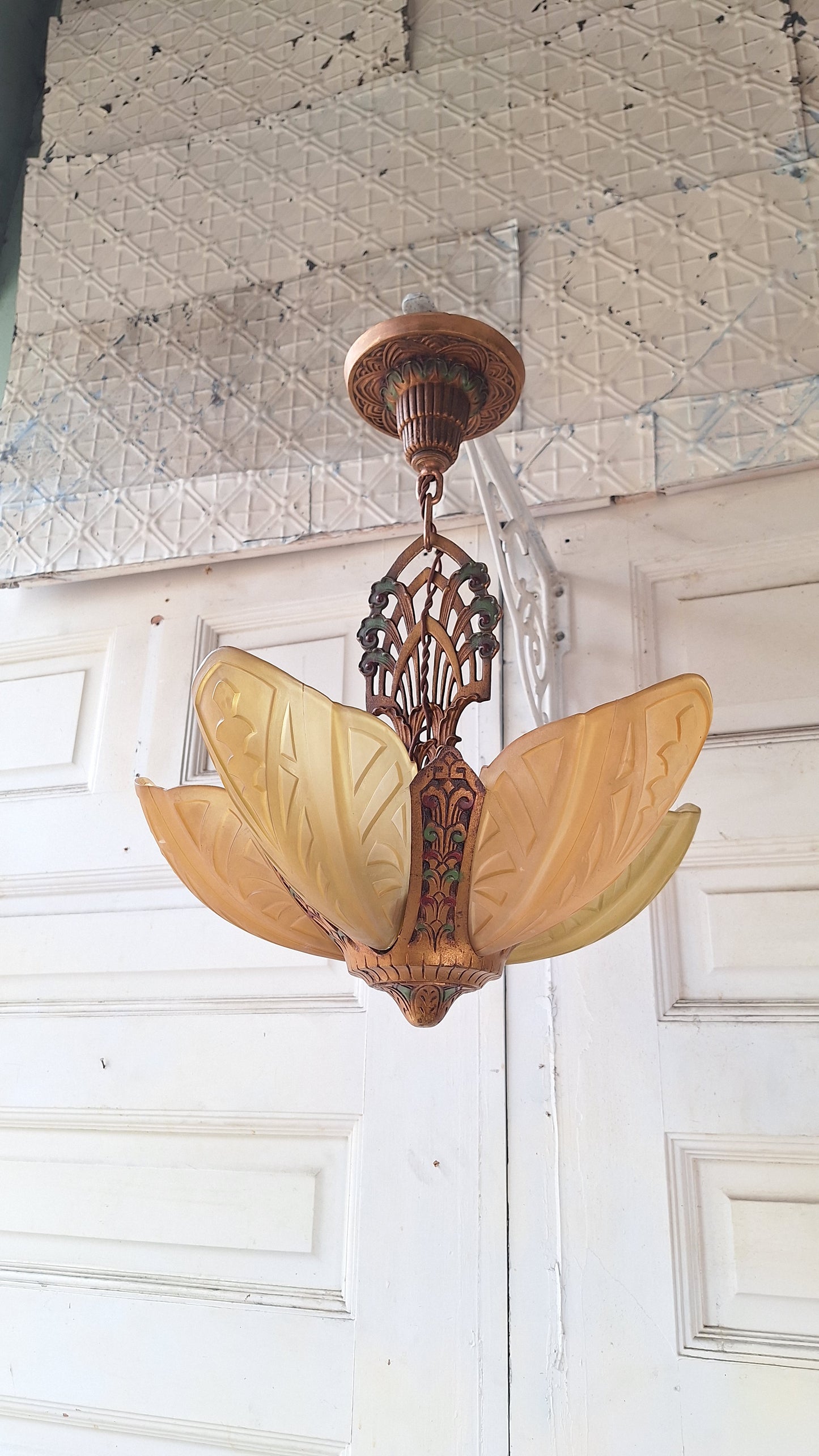 Art Deco Era Slip Shade Chandelier, Vintage Glass Shell Ceiling Light