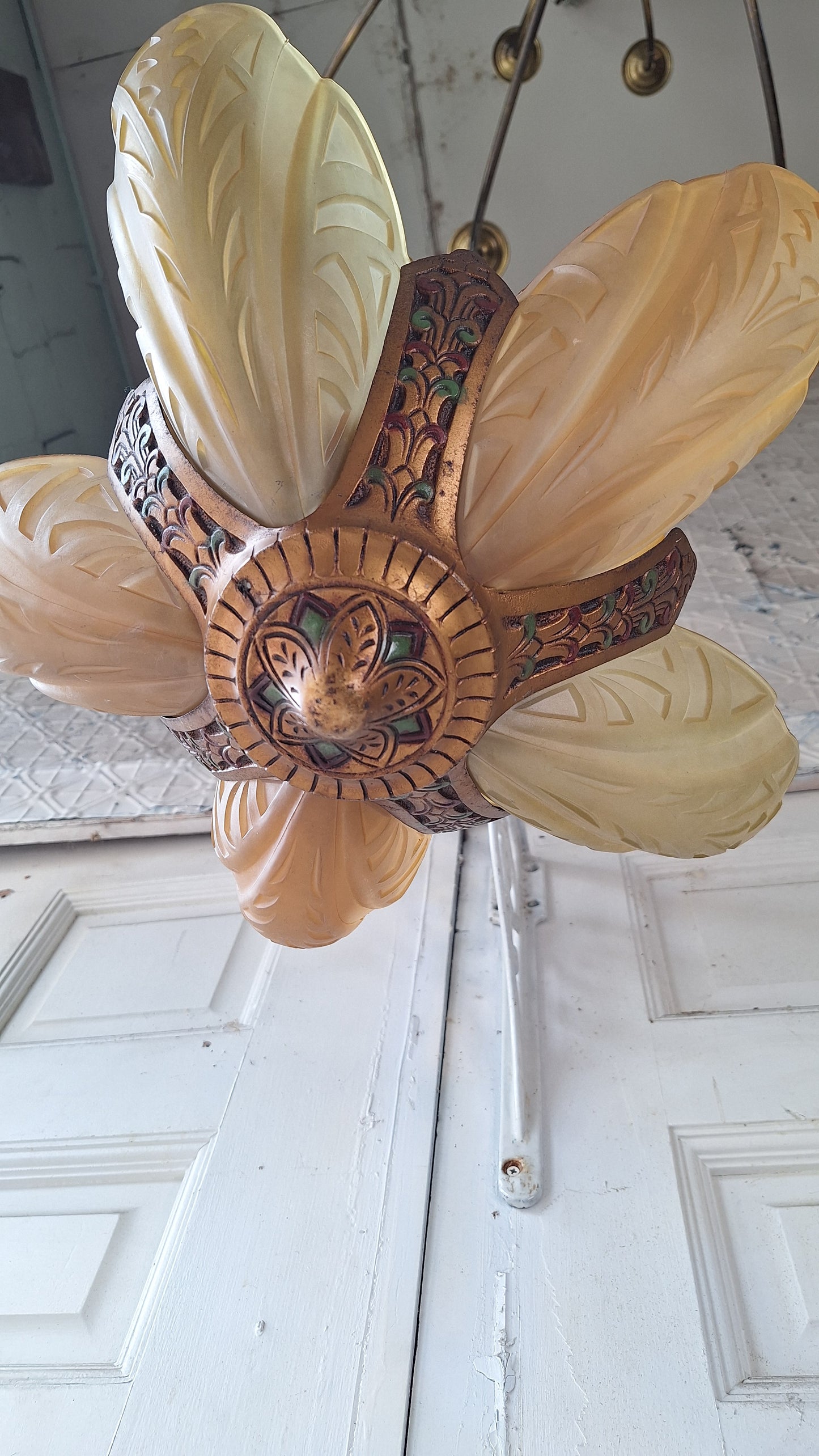 Art Deco Era Slip Shade Chandelier, Vintage Glass Shell Ceiling Light