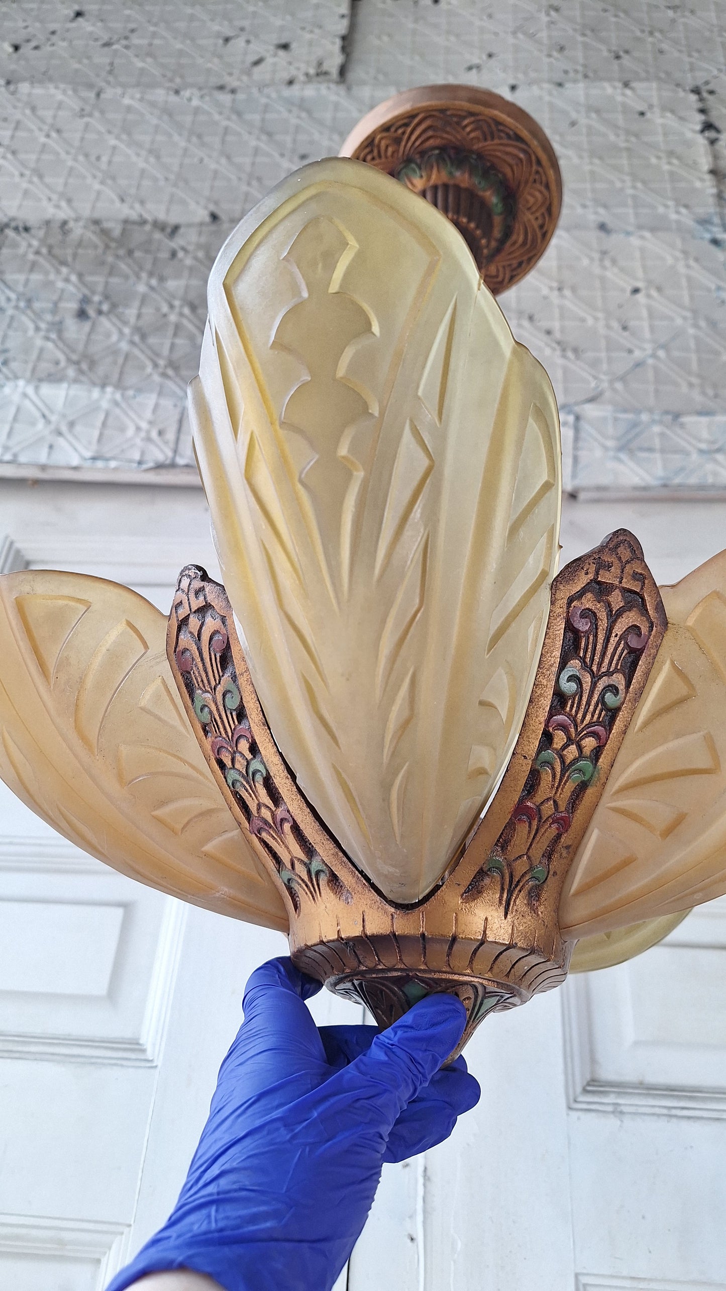 Art Deco Era Slip Shade Chandelier, Vintage Glass Shell Ceiling Light