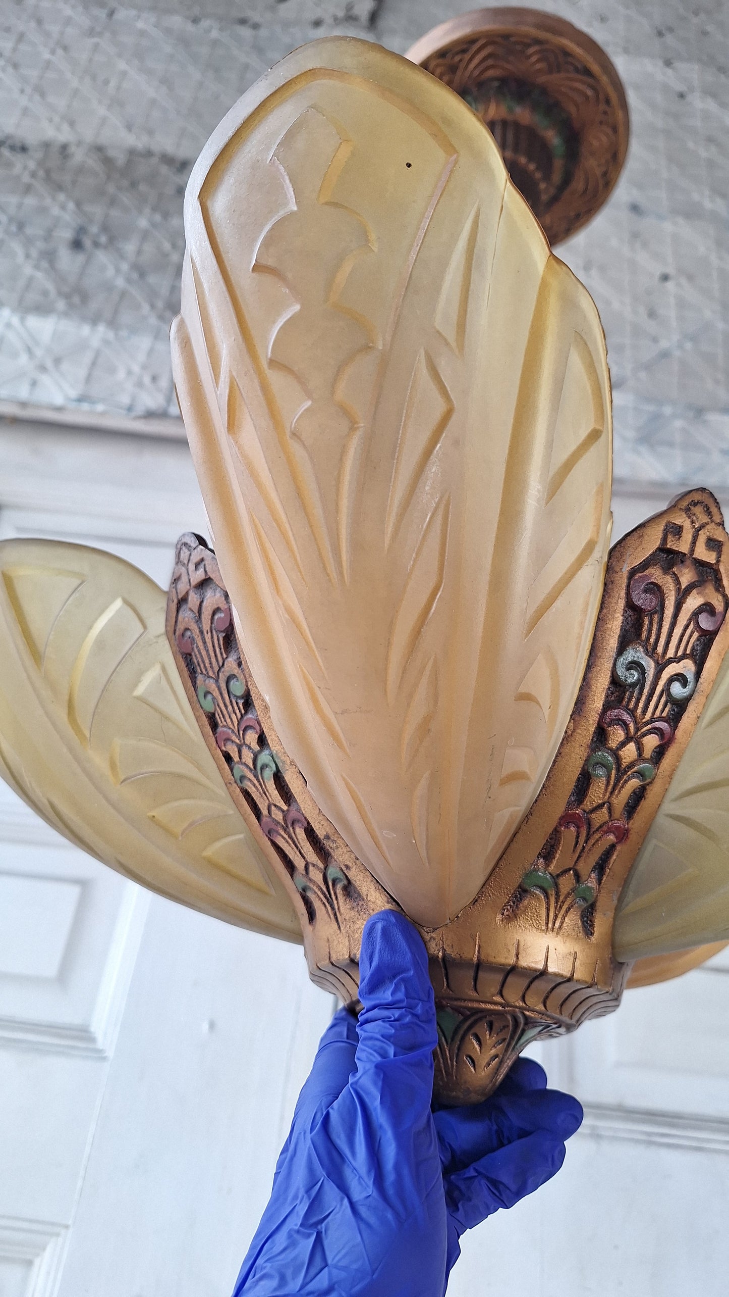 Art Deco Era Slip Shade Chandelier, Vintage Glass Shell Ceiling Light