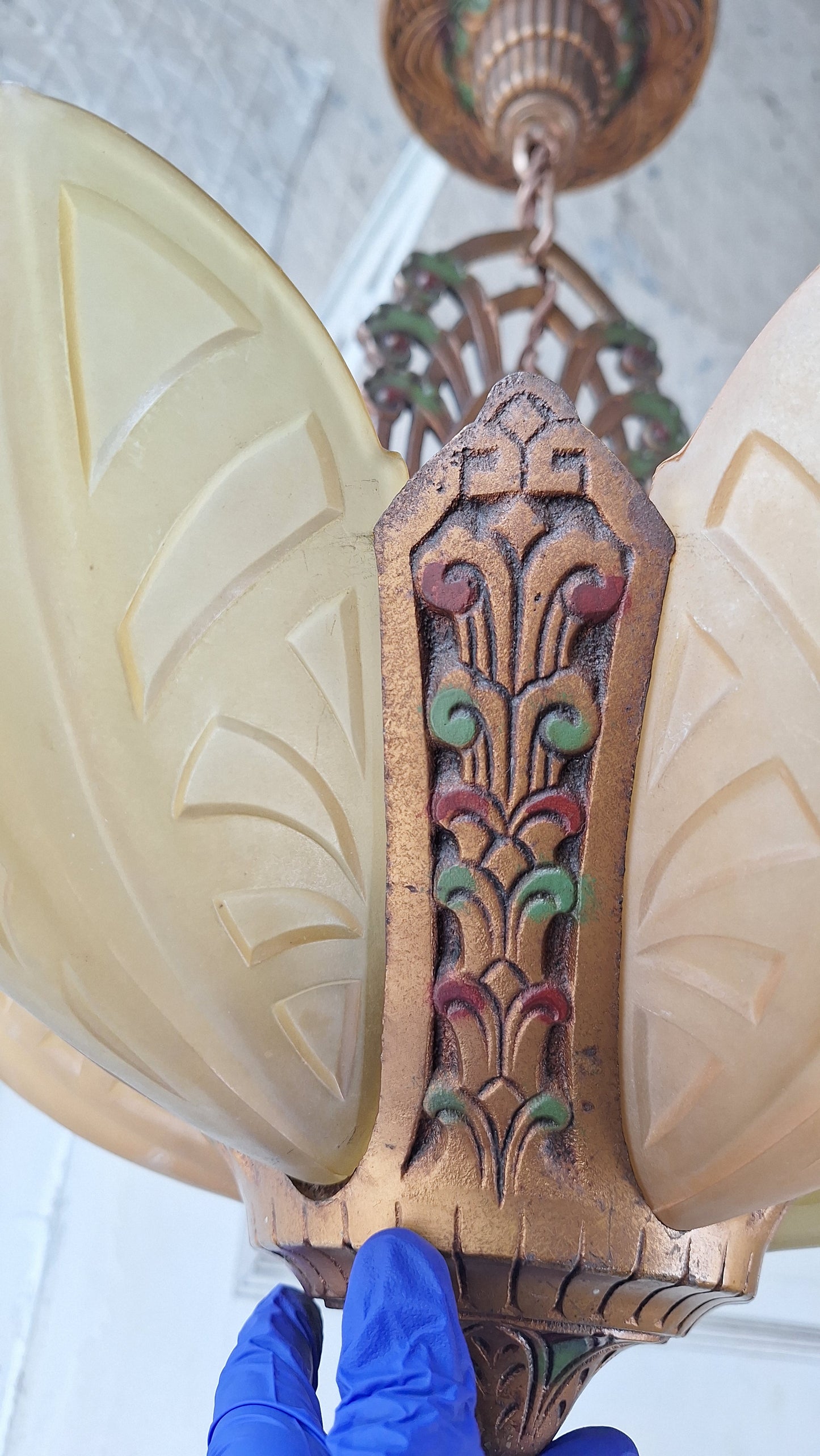 Art Deco Era Slip Shade Chandelier, Vintage Glass Shell Ceiling Light
