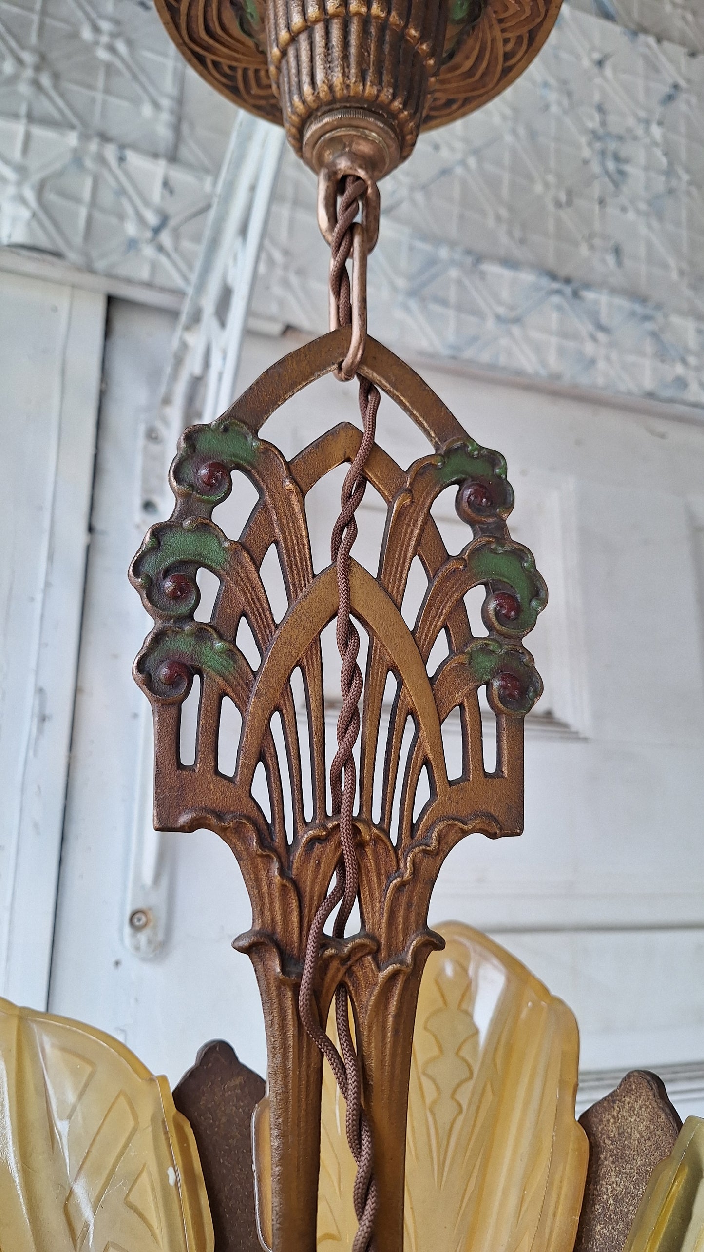 Art Deco Era Slip Shade Chandelier, Vintage Glass Shell Ceiling Light