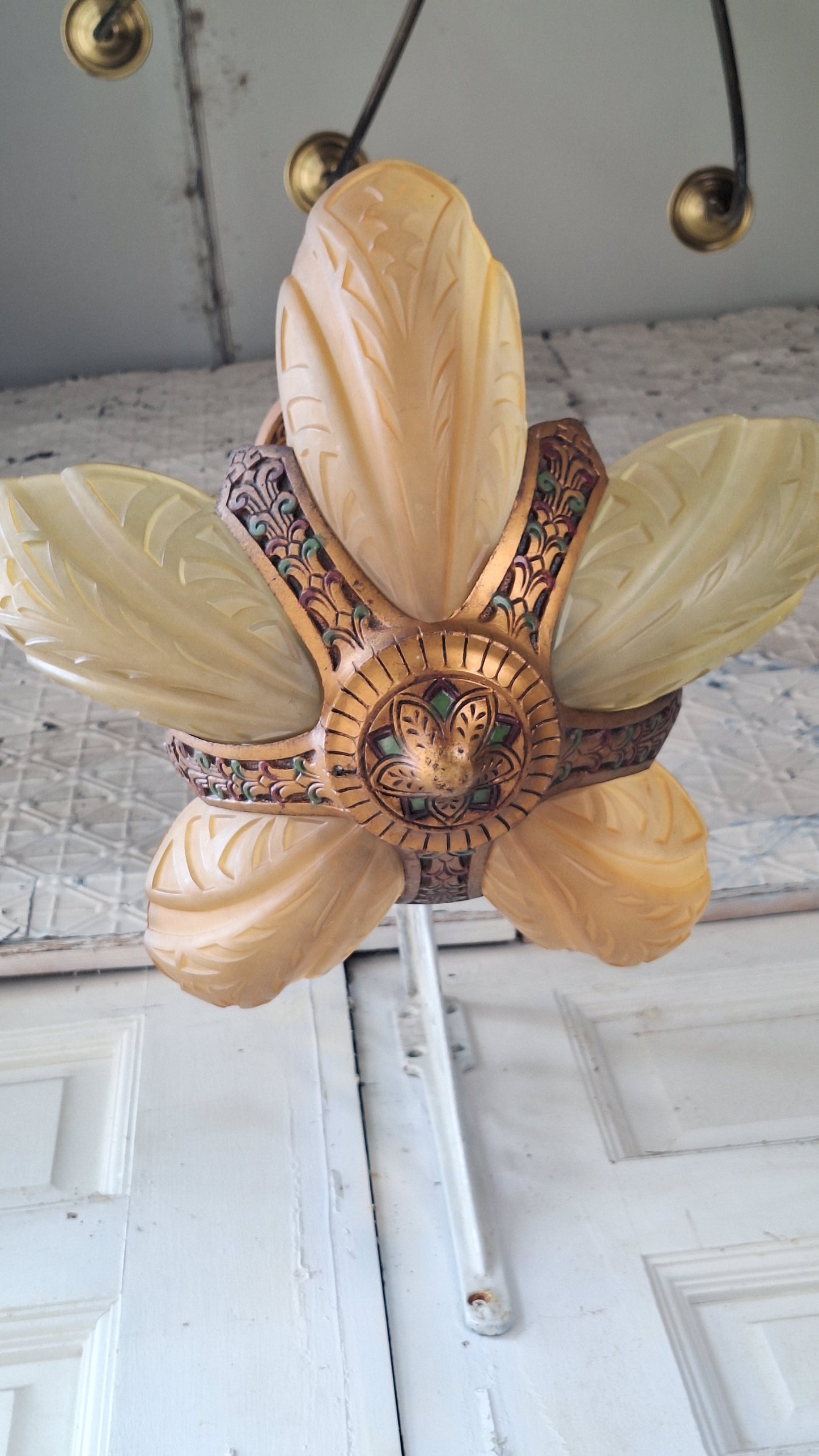 Art Deco Era Slip Shade Chandelier, Vintage Glass Shell Ceiling Light