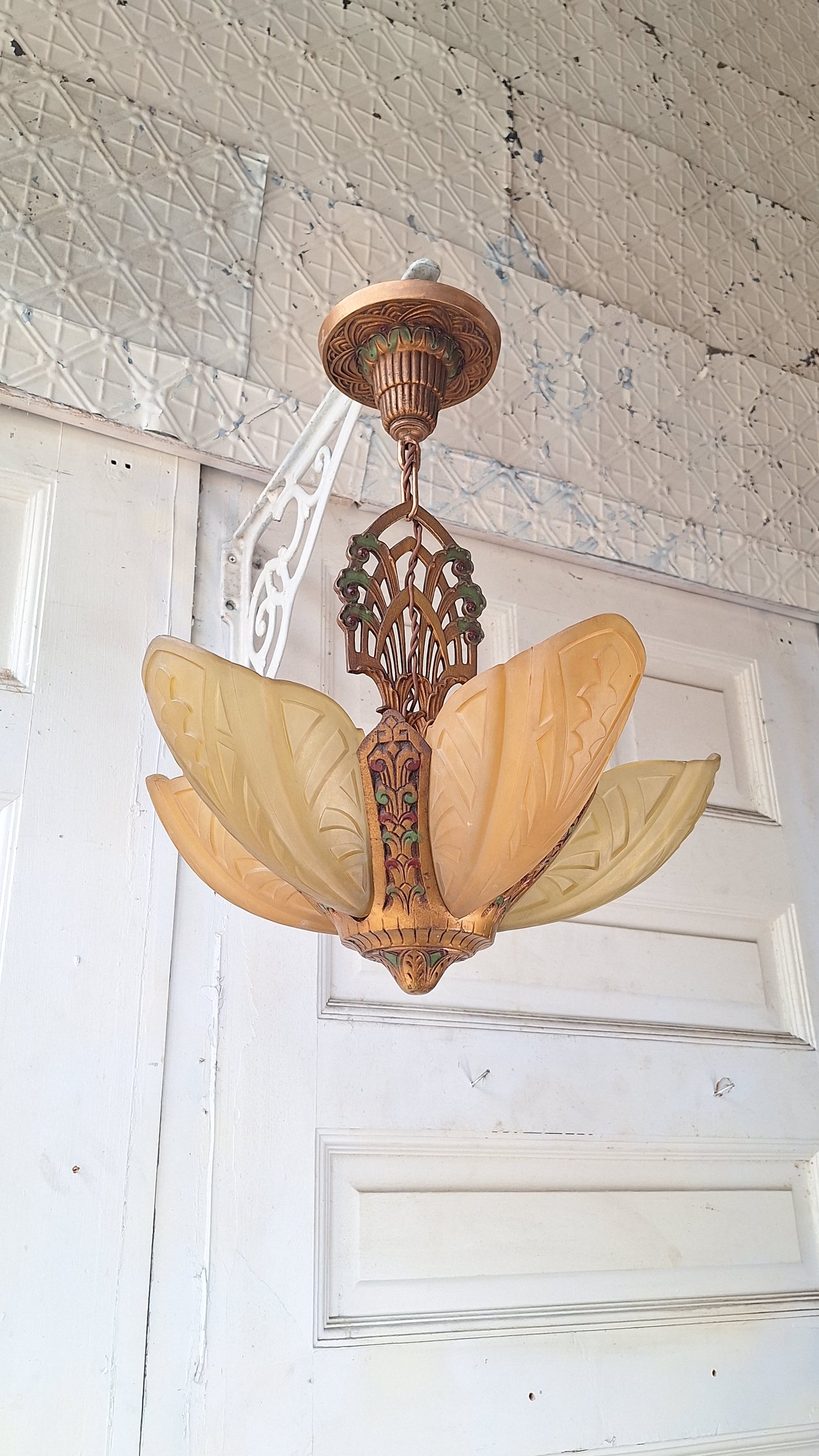 Art Deco Era Slip Shade Chandelier, Vintage Glass Shell Ceiling Light