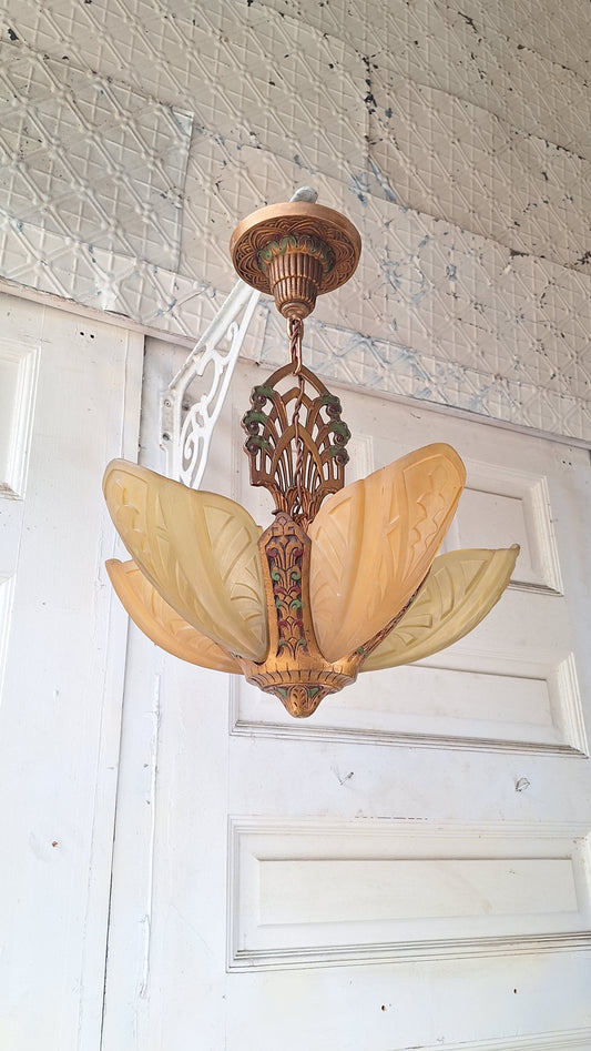 Art Deco Era Slip Shade Chandelier, Vintage Glass Shell Ceiling Light
