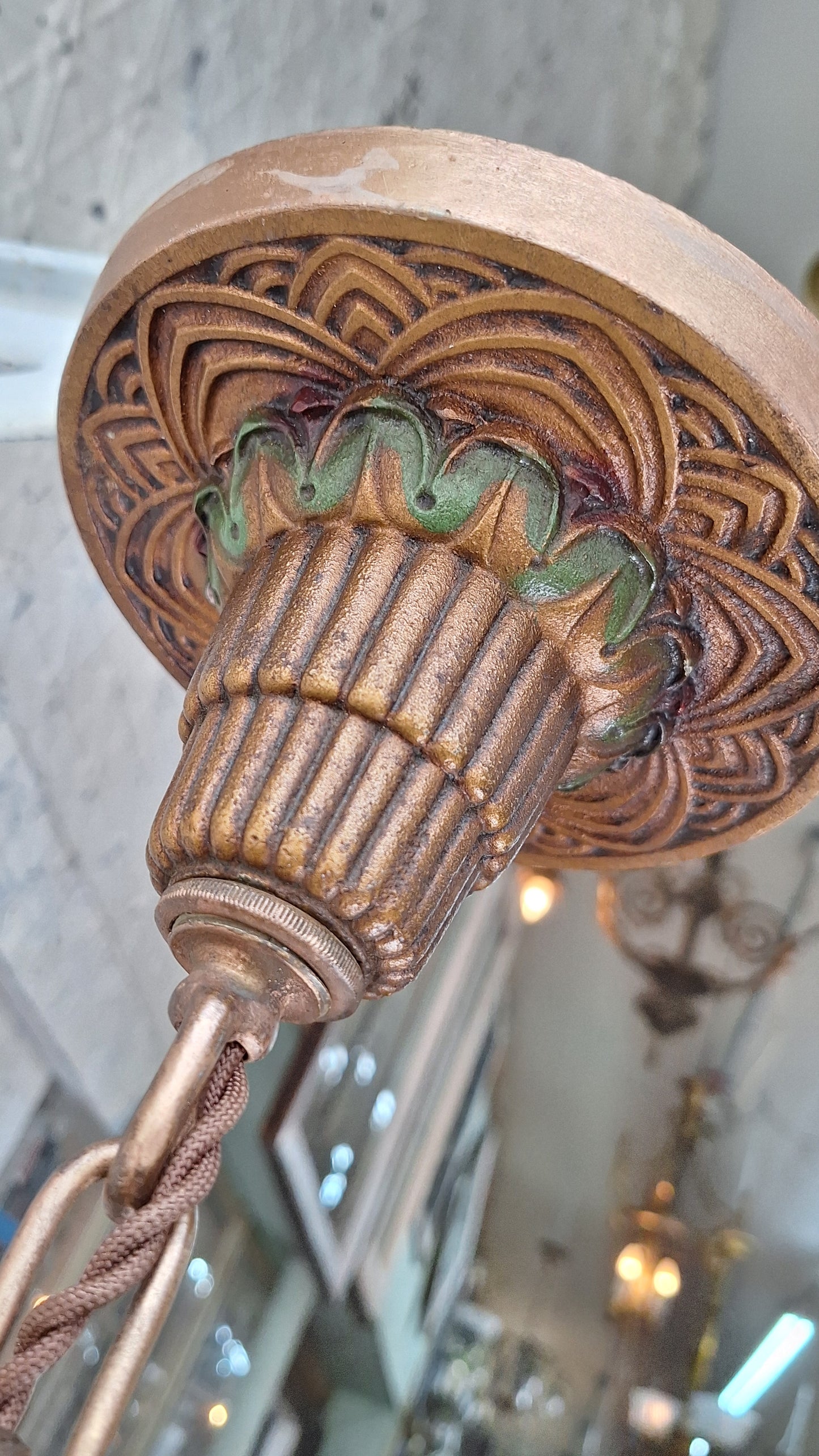 Art Deco Era Slip Shade Chandelier, Vintage Glass Shell Ceiling Light