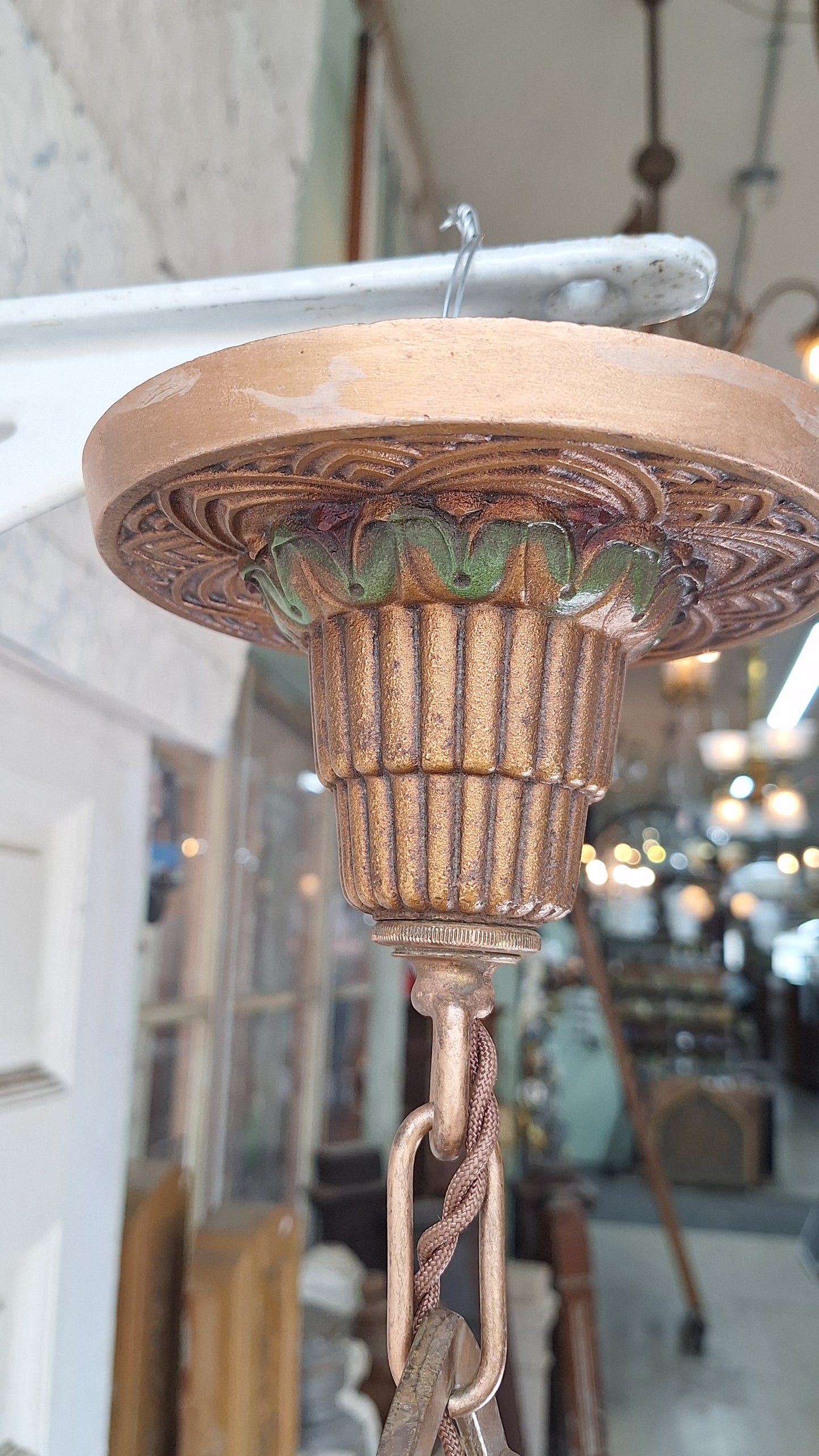 Art Deco Era Slip Shade Chandelier, Vintage Glass Shell Ceiling Light