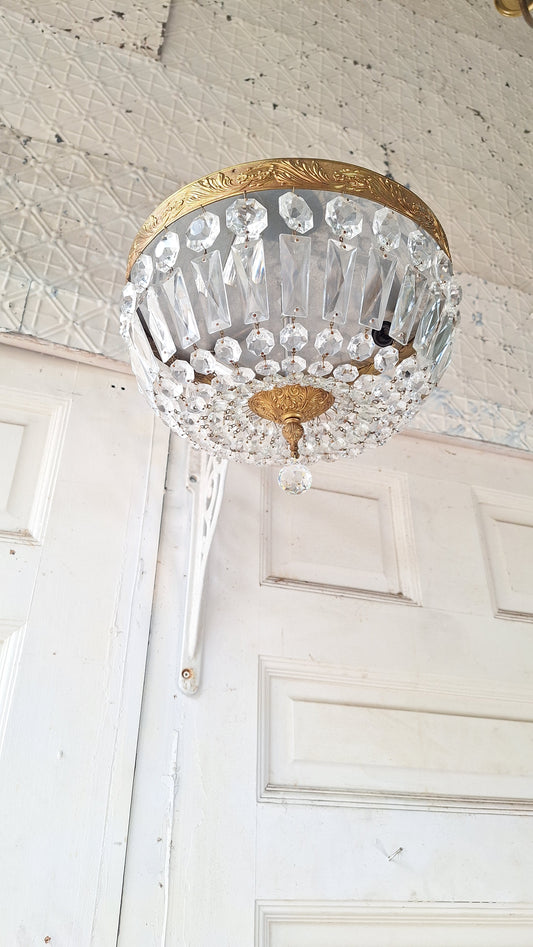 Vintage Crystal Basket Style Light, Flush Mount Crystal Drape Chandelier