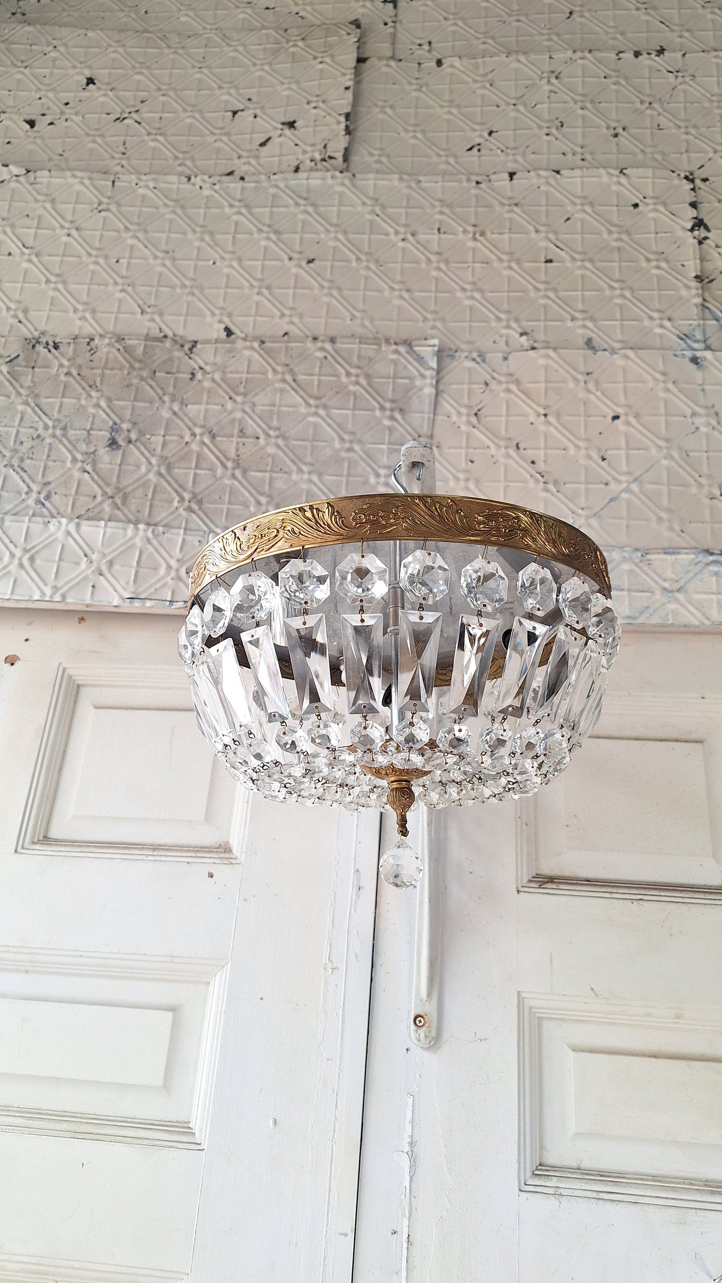 Vintage Crystal Basket Style Light, Flush Mount Crystal Drape Chandelier