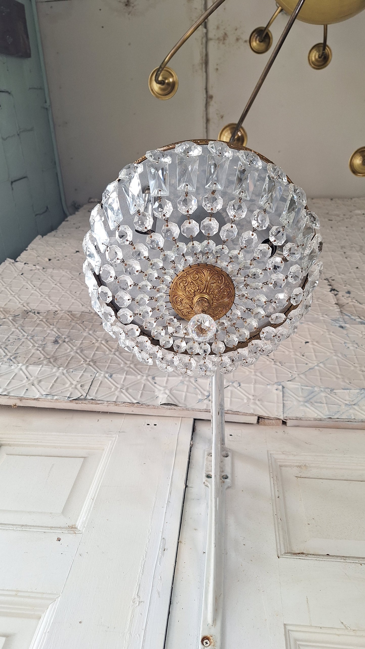 Vintage Crystal Basket Style Light, Flush Mount Crystal Drape Chandelier