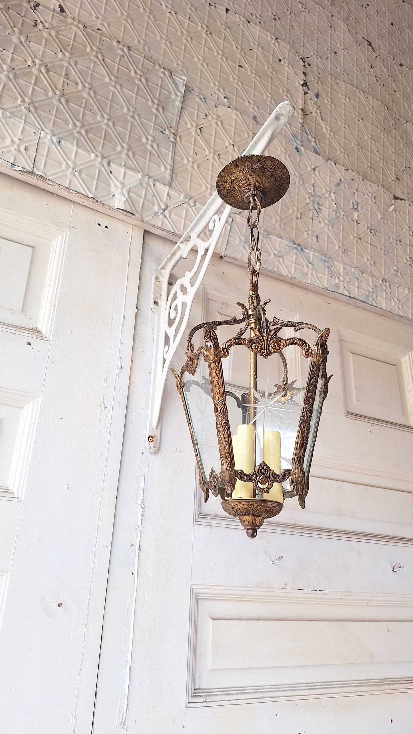 Vintage MCM Brass Chandelier, Etched Glass Panels, Architecture Salvage