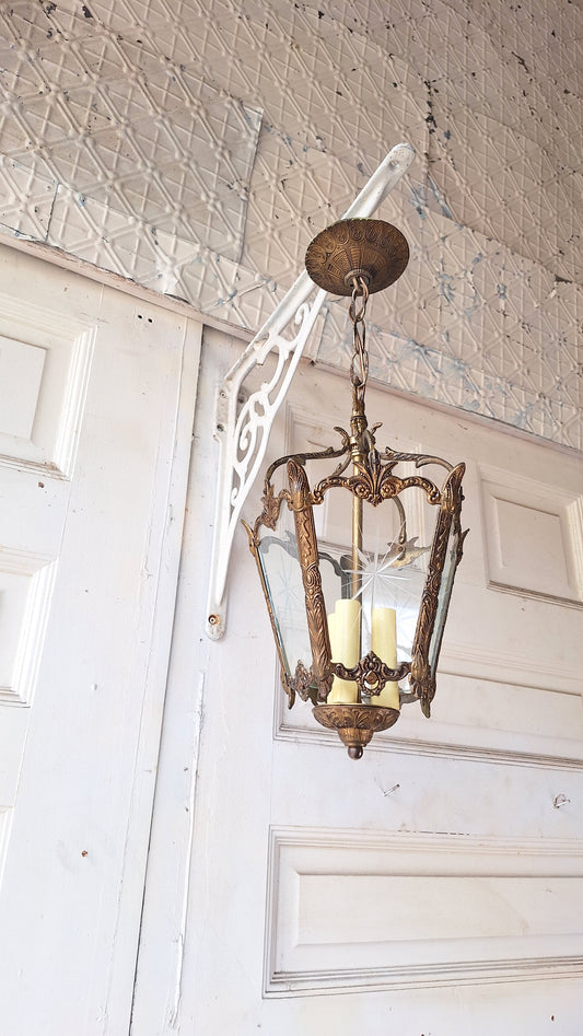 Vintage MCM Brass Chandelier, Etched Glass Panels, Architecture Salvage