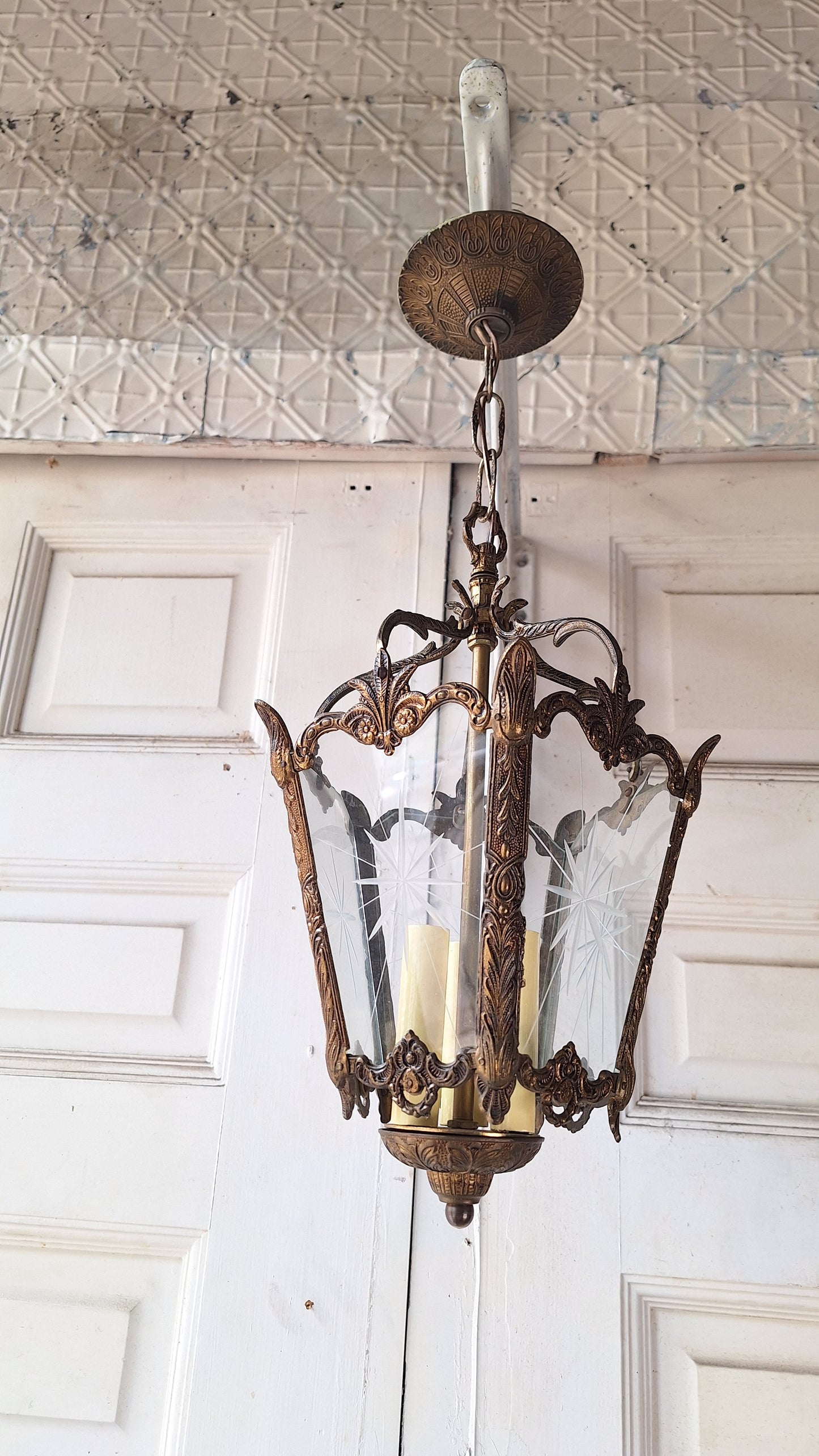 Vintage MCM Brass Chandelier, Etched Glass Panels, Architecture Salvage