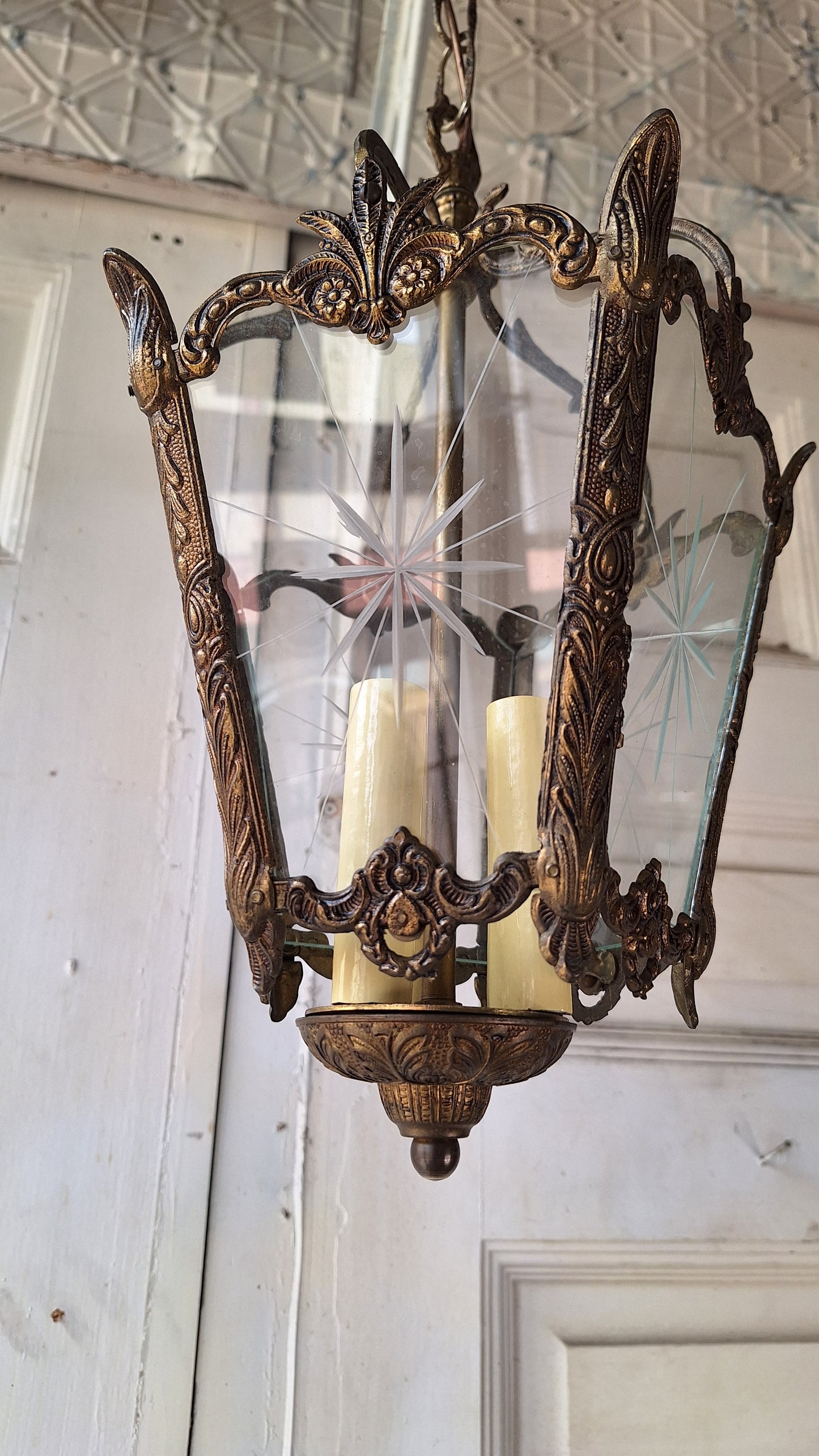 Vintage MCM Brass Chandelier, Etched Glass Panels, Architecture Salvage