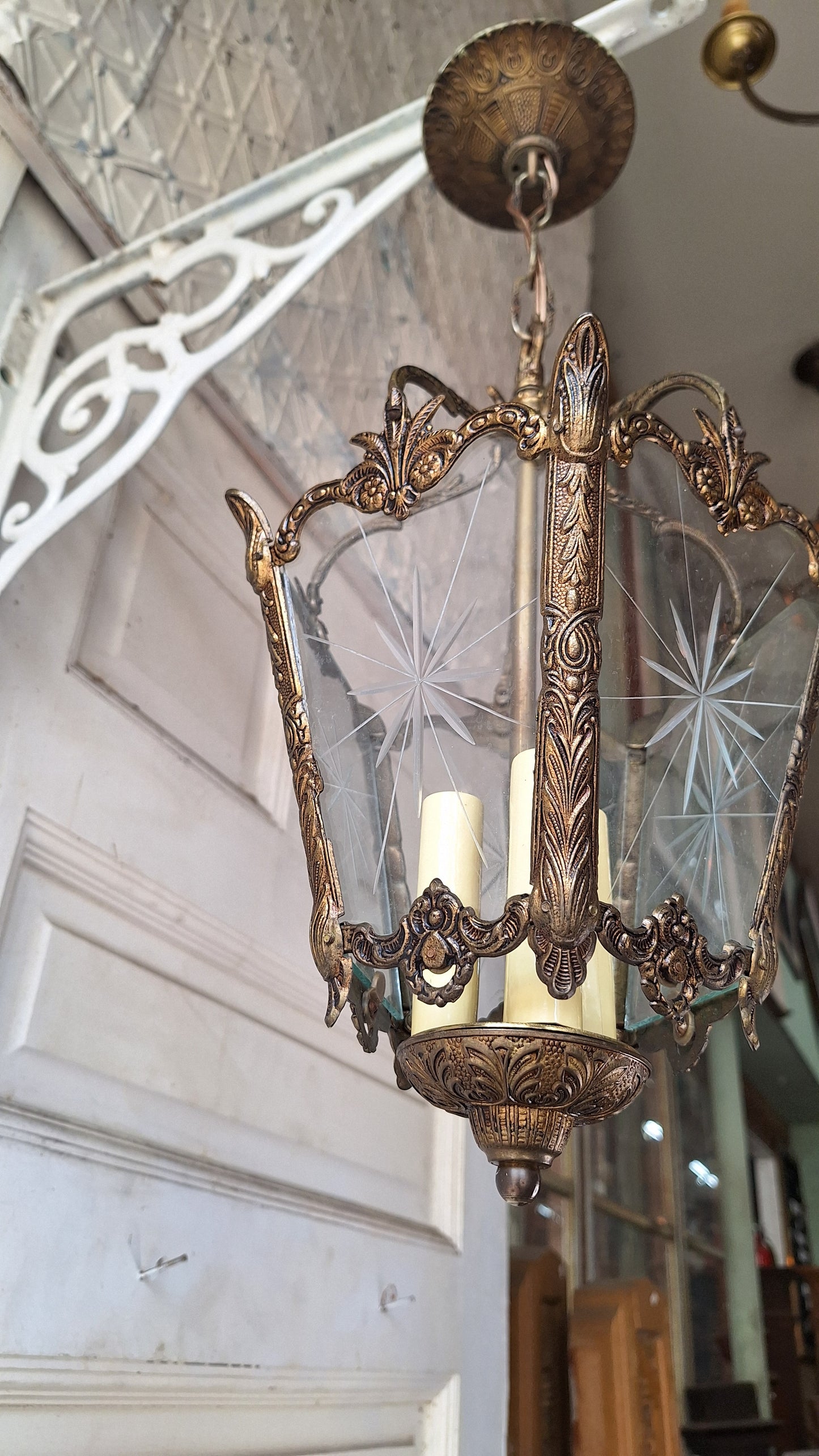 Vintage MCM Brass Chandelier, Etched Glass Panels, Architecture Salvage