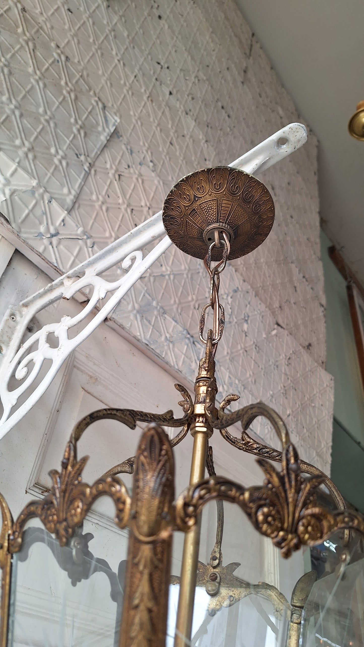 Vintage MCM Brass Chandelier, Etched Glass Panels, Architecture Salvage