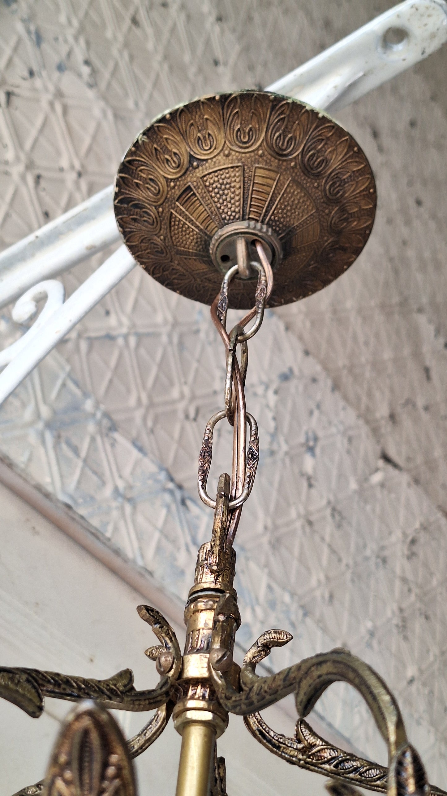 Vintage MCM Brass Chandelier, Etched Glass Panels, Architecture Salvage