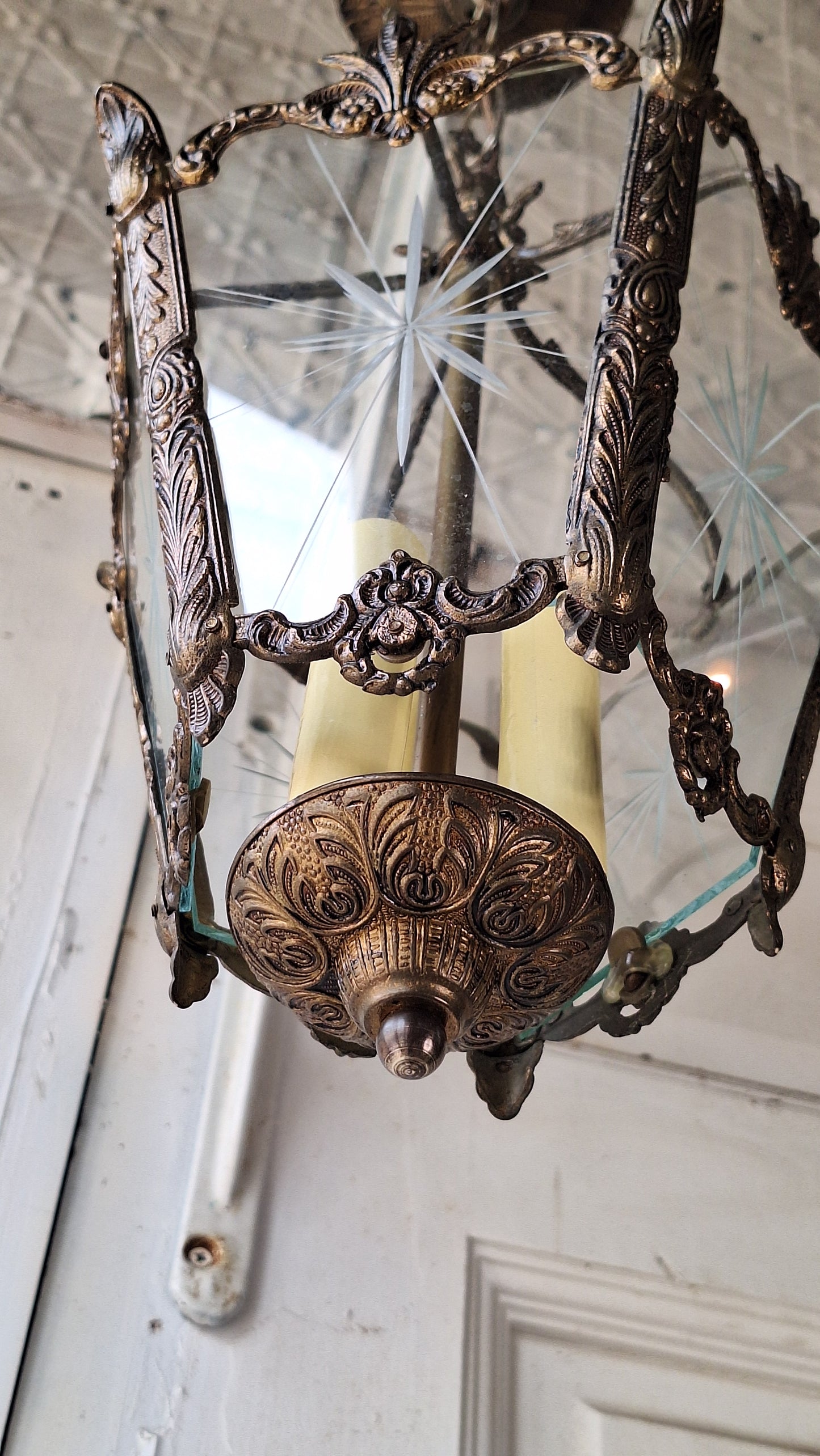 Vintage MCM Brass Chandelier, Etched Glass Panels, Architecture Salvage