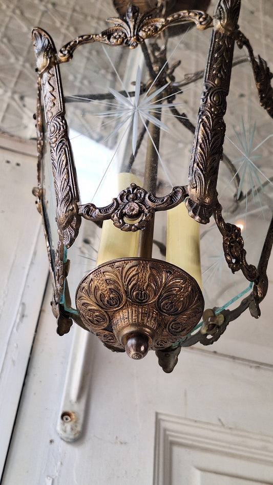 Vintage MCM Brass Chandelier, Etched Glass Panels, Architecture Salvage
