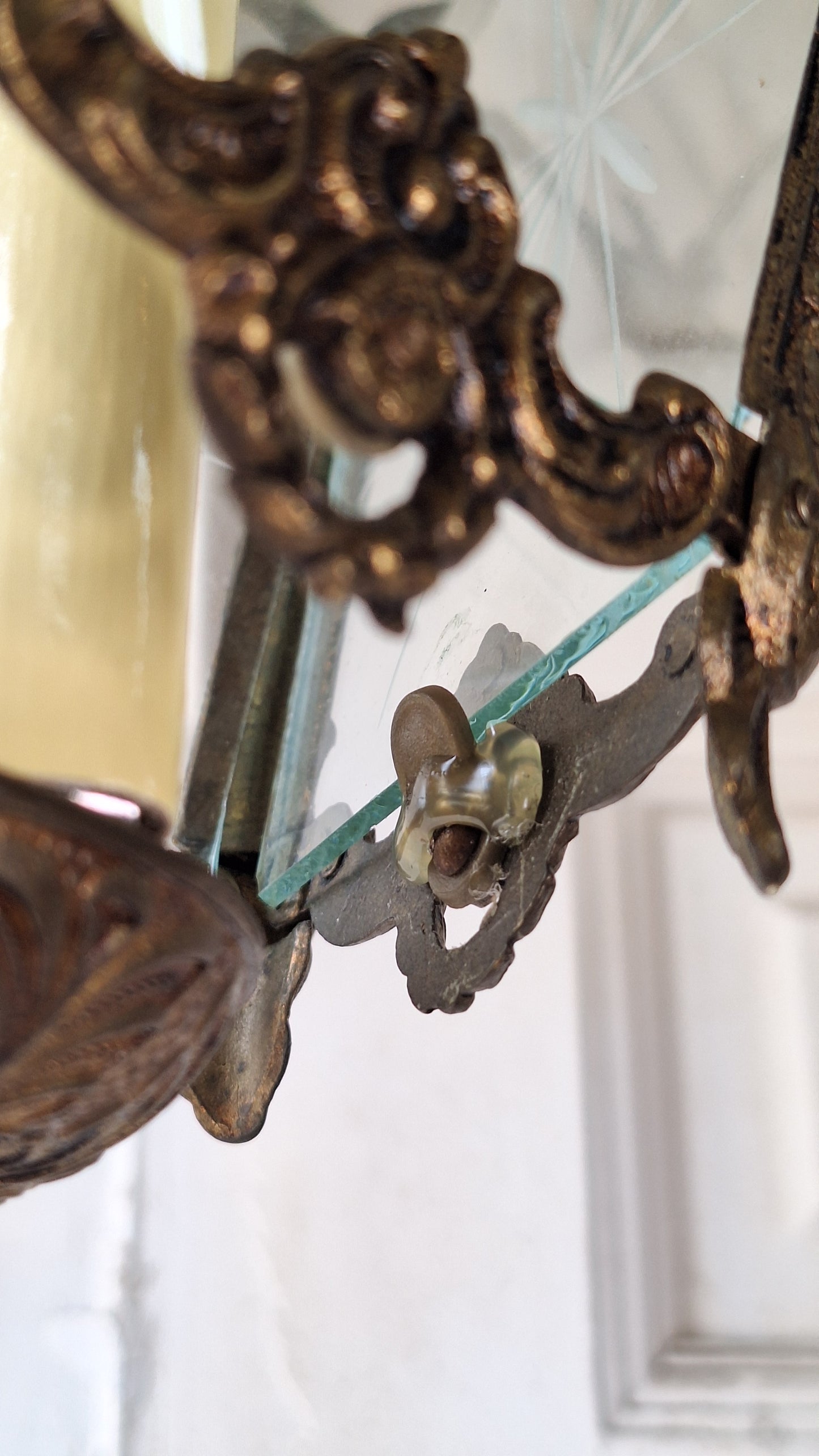 Vintage MCM Brass Chandelier, Etched Glass Panels, Architecture Salvage