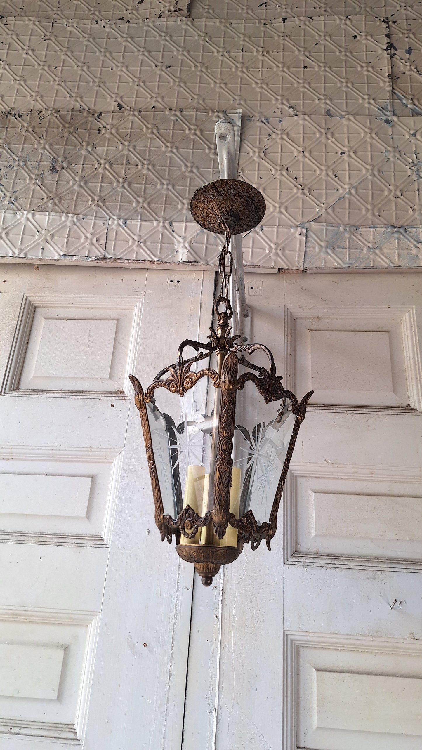 Vintage MCM Brass Chandelier, Etched Glass Panels, Architecture Salvage