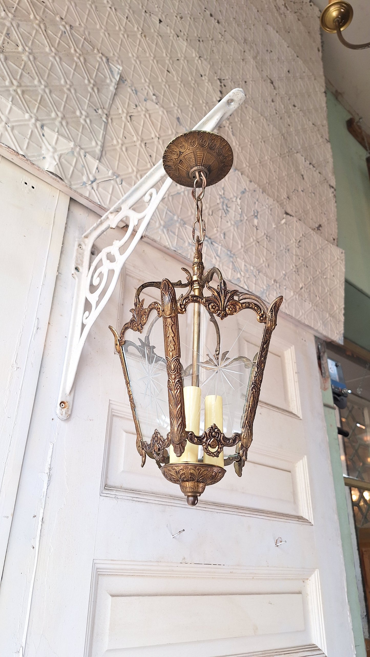 Vintage MCM Brass Chandelier, Etched Glass Panels, Architecture Salvage