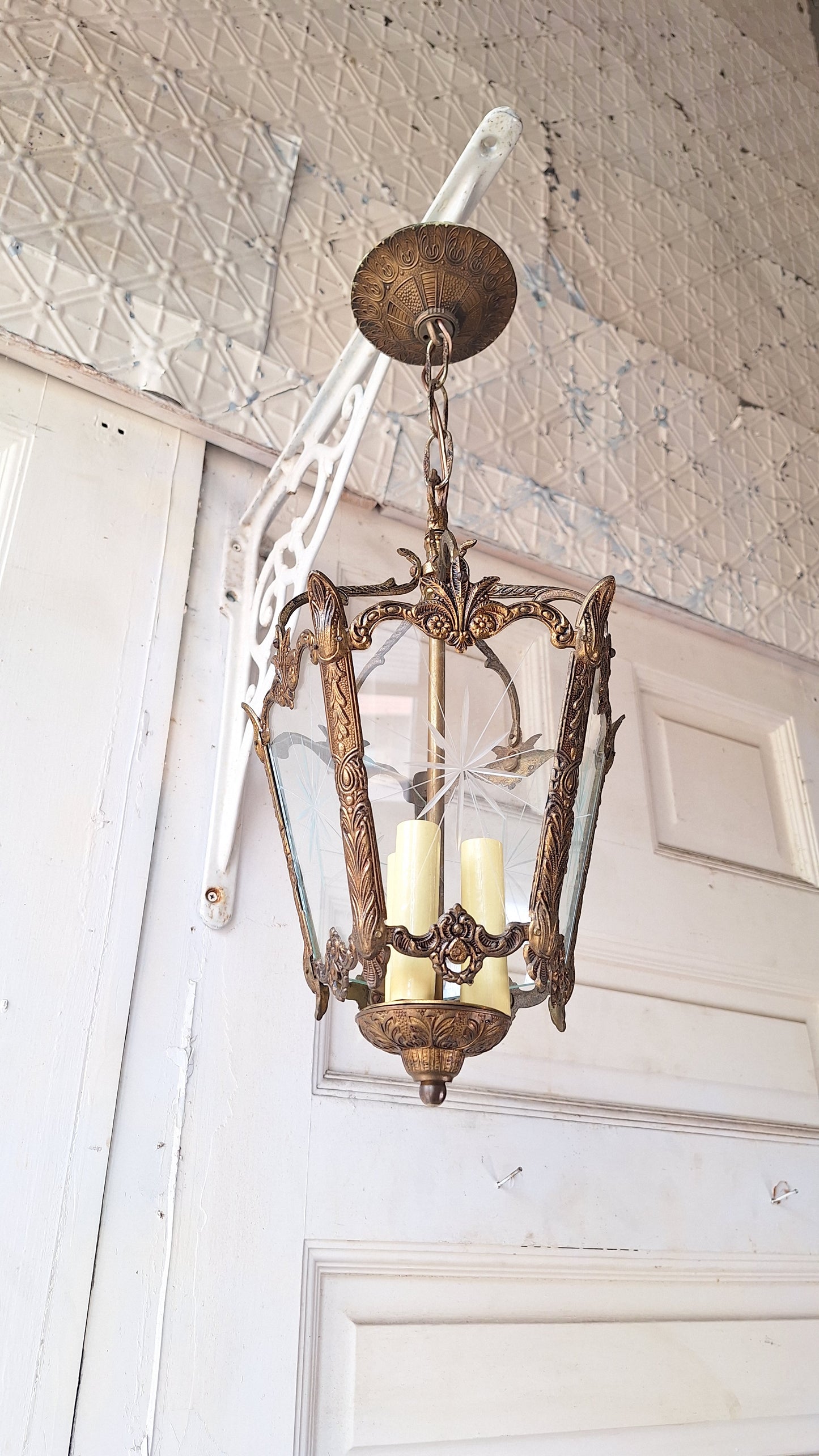 Vintage MCM Brass Chandelier, Etched Glass Panels, Architecture Salvage