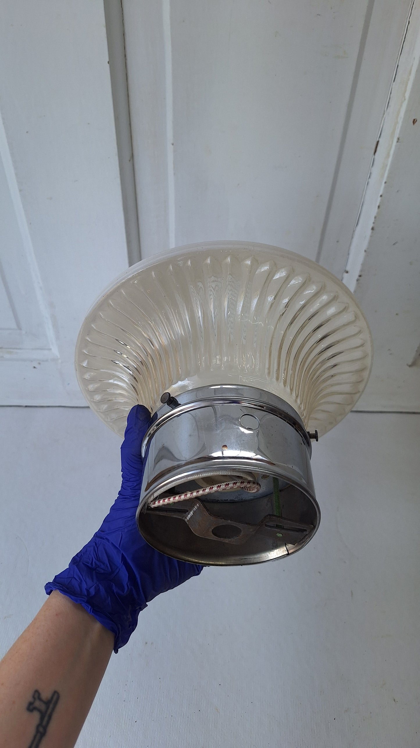Small Vintage Two Tone Flush Mount Light, White Clear Glass Ceiling Light