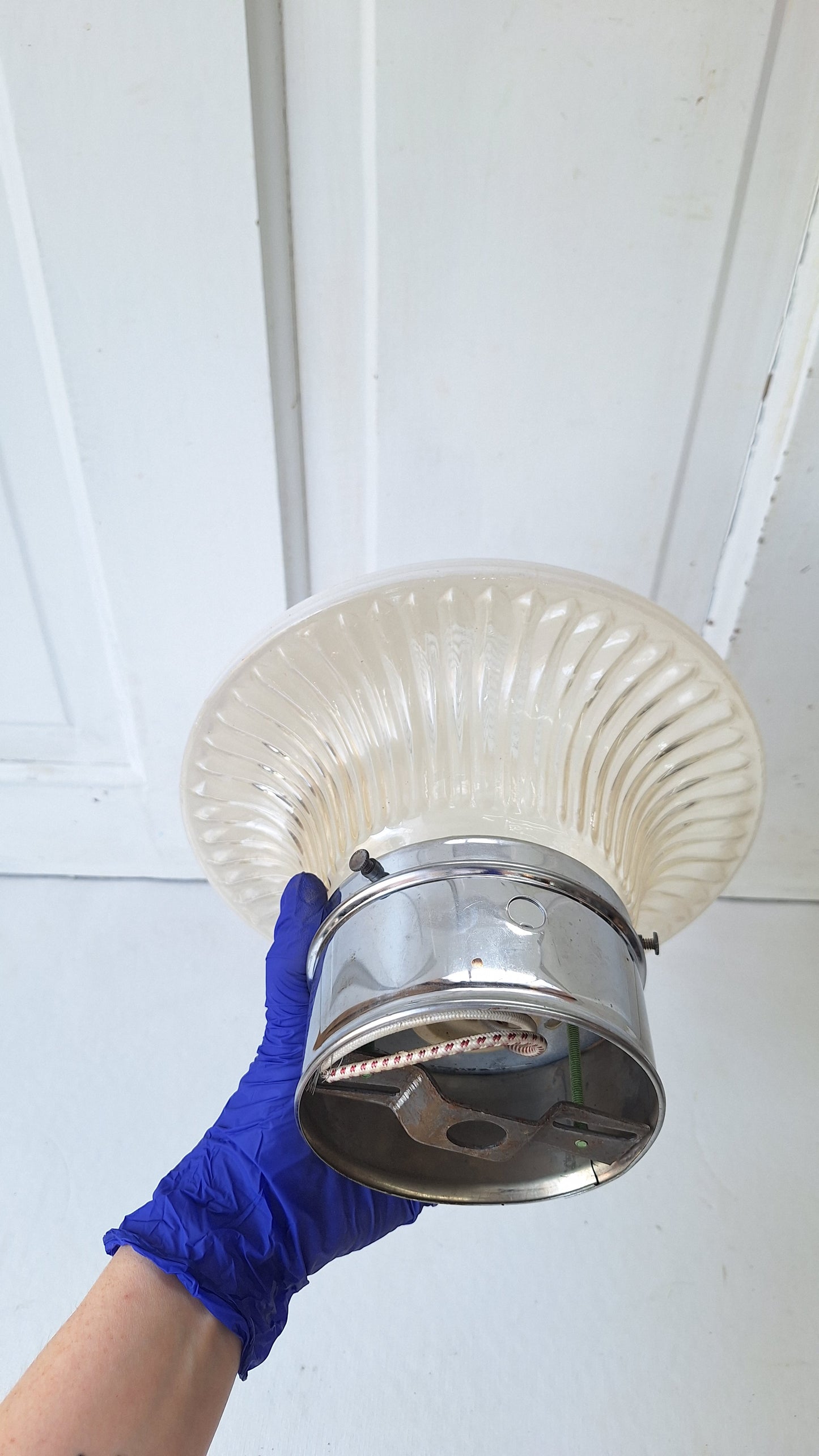 Small Vintage Two Tone Flush Mount Light, White Clear Glass Ceiling Light