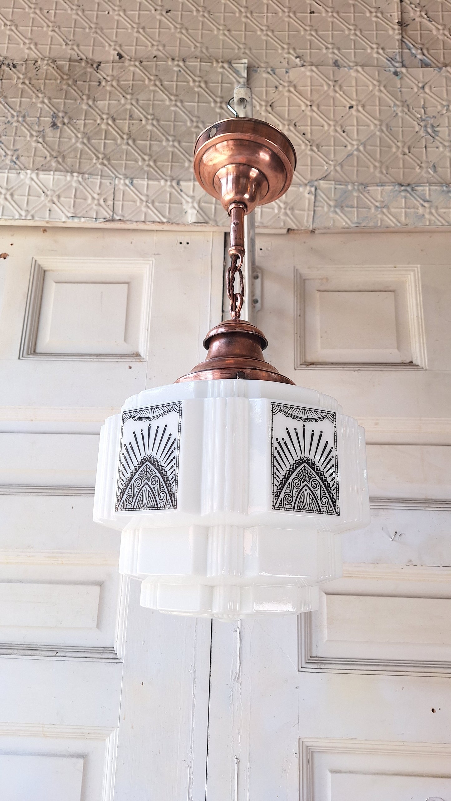 Stenciled Art Deco Skyscraper Pendant Light, Tiered Glass Shade