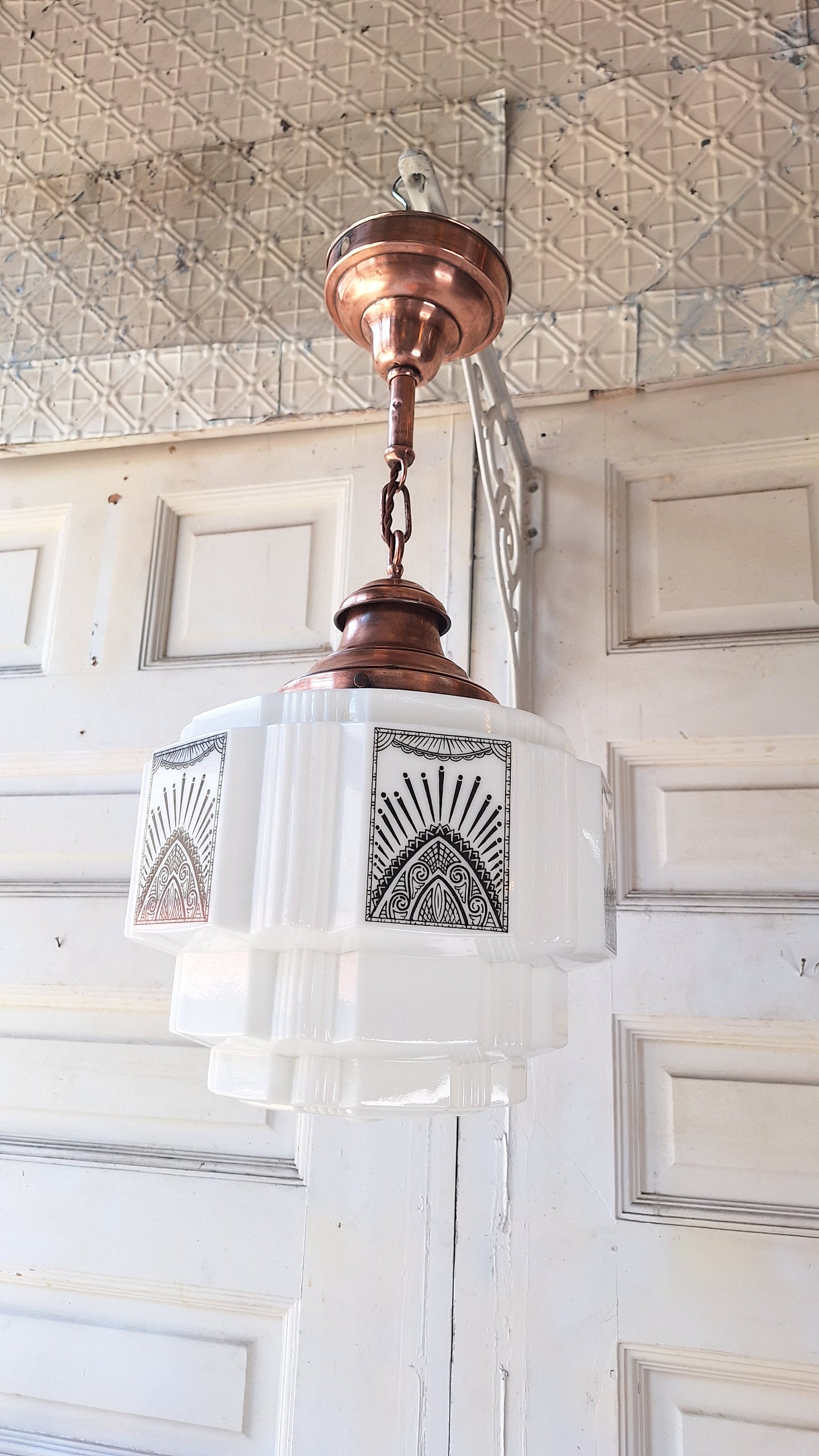 Stenciled Art Deco Skyscraper Pendant Light, Tiered Glass Shade