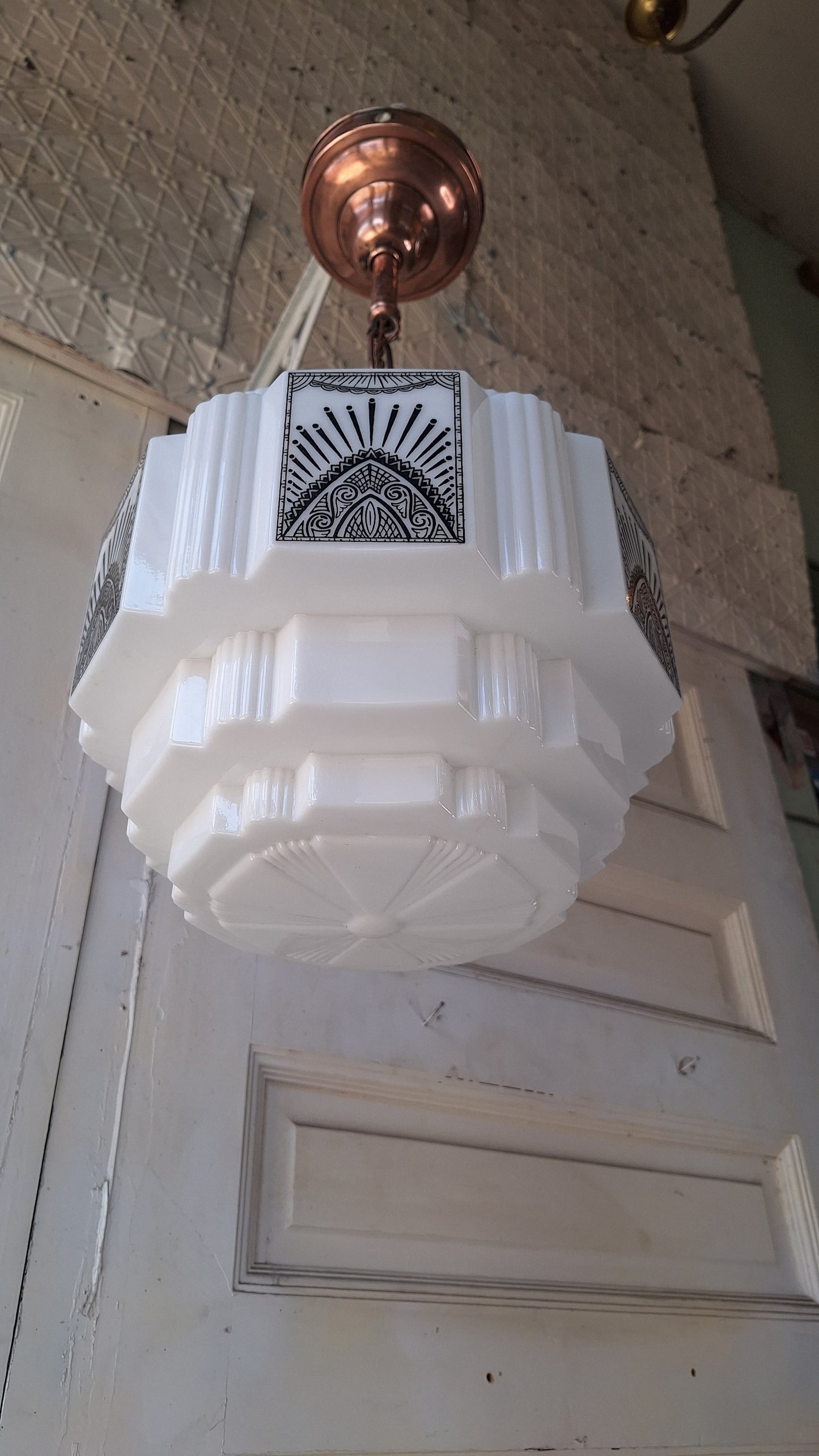 Stenciled Art Deco Skyscraper Pendant Light, Tiered Glass Shade
