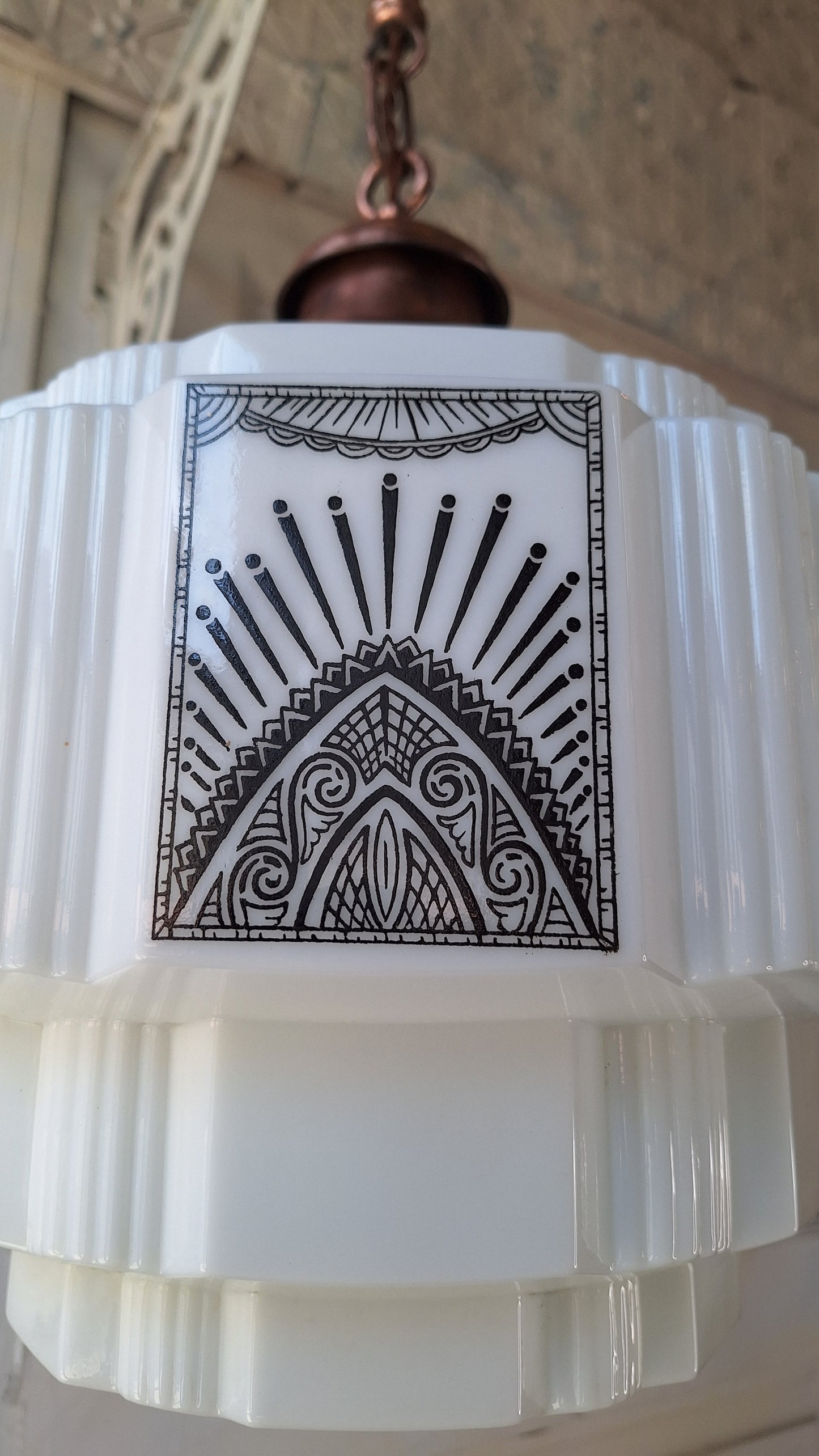 Stenciled Art Deco Skyscraper Pendant Light, Tiered Glass Shade
