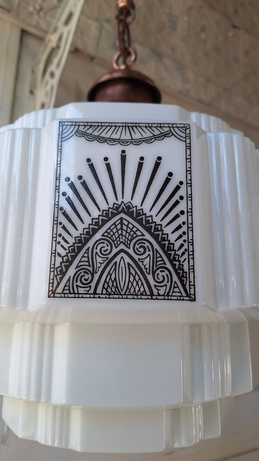 Stenciled Art Deco Skyscraper Pendant Light, Tiered Glass Shade