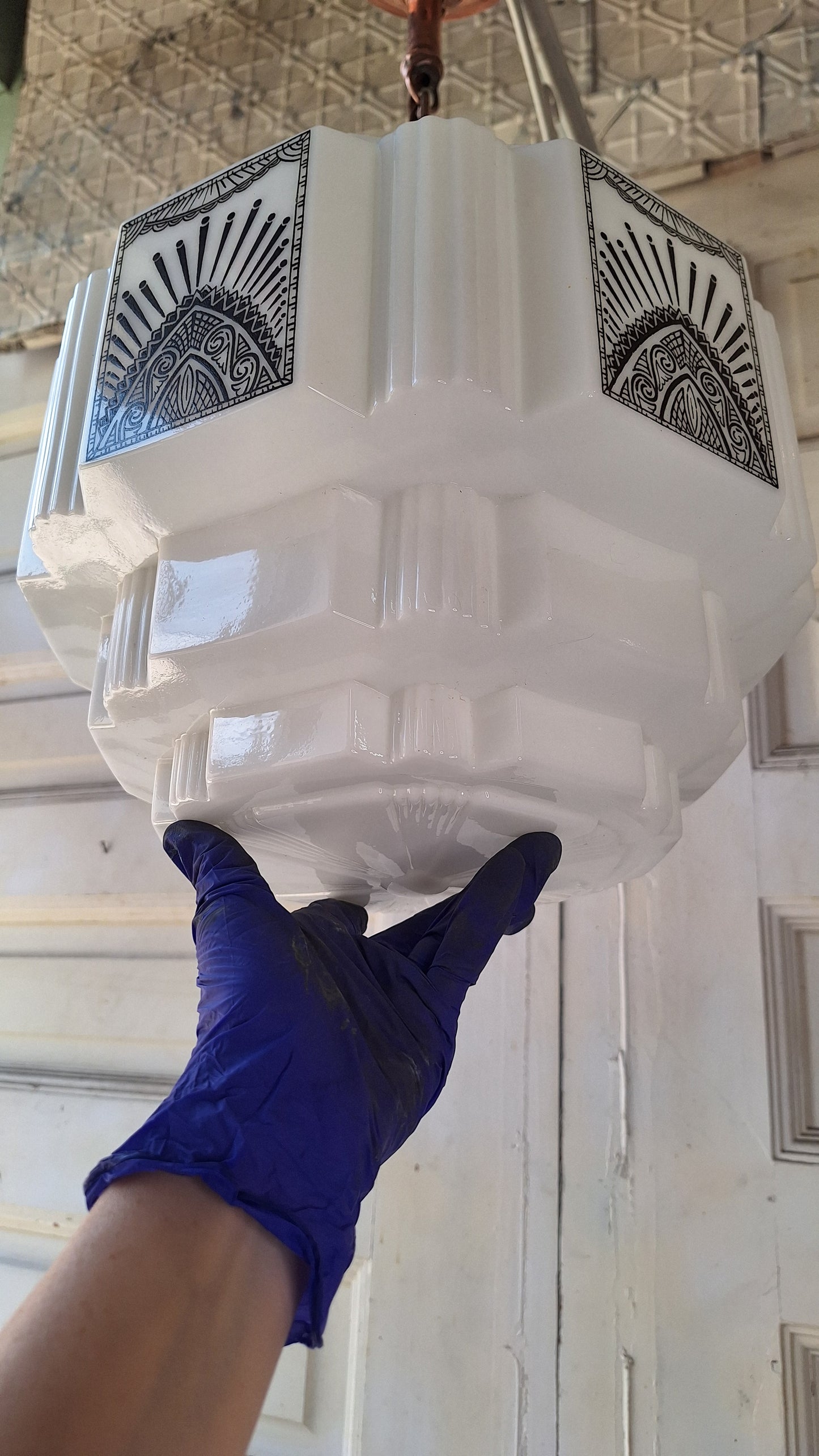 Stenciled Art Deco Skyscraper Pendant Light, Tiered Glass Shade
