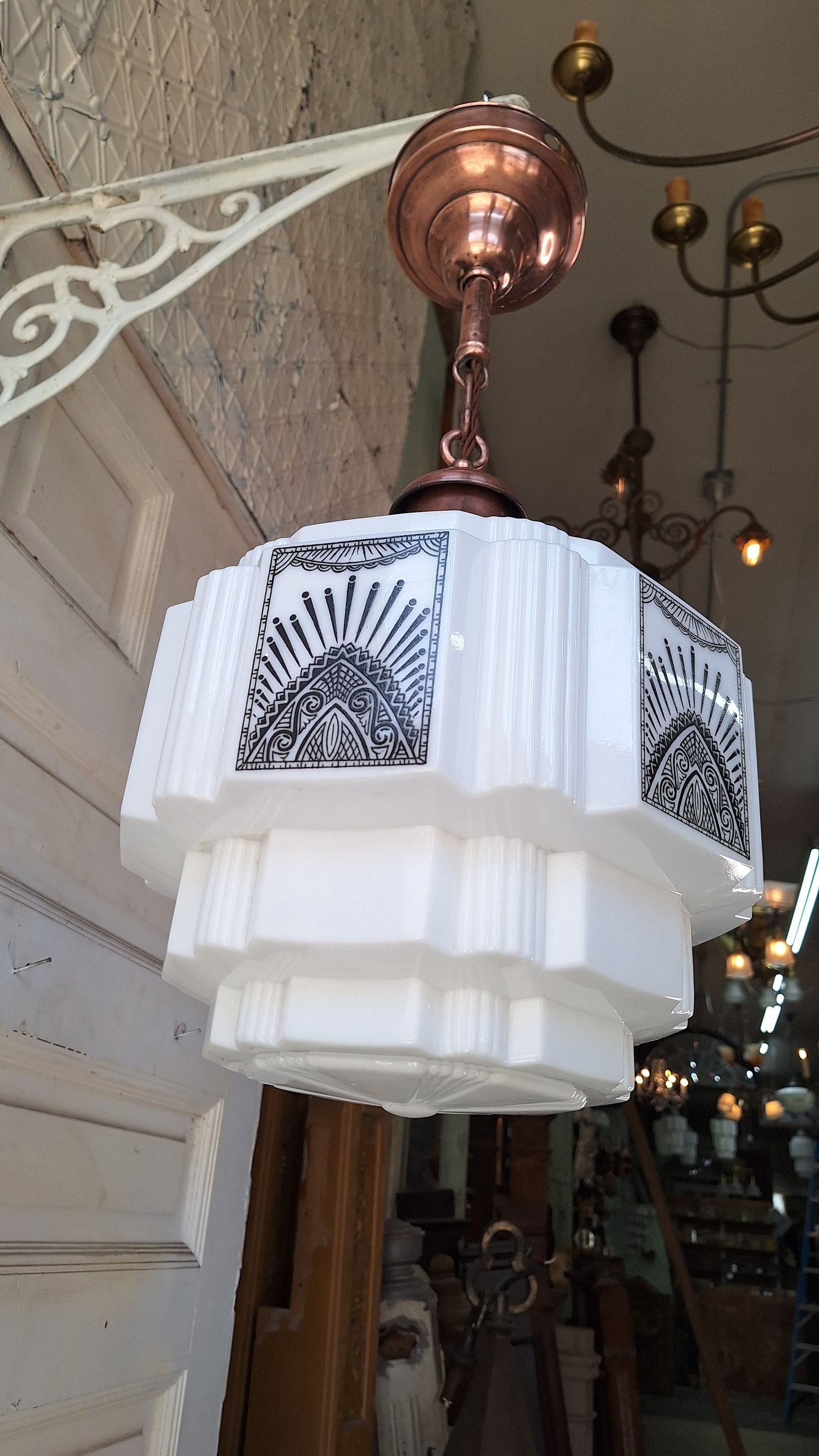 Stenciled Art Deco Skyscraper Pendant Light, Tiered Glass Shade