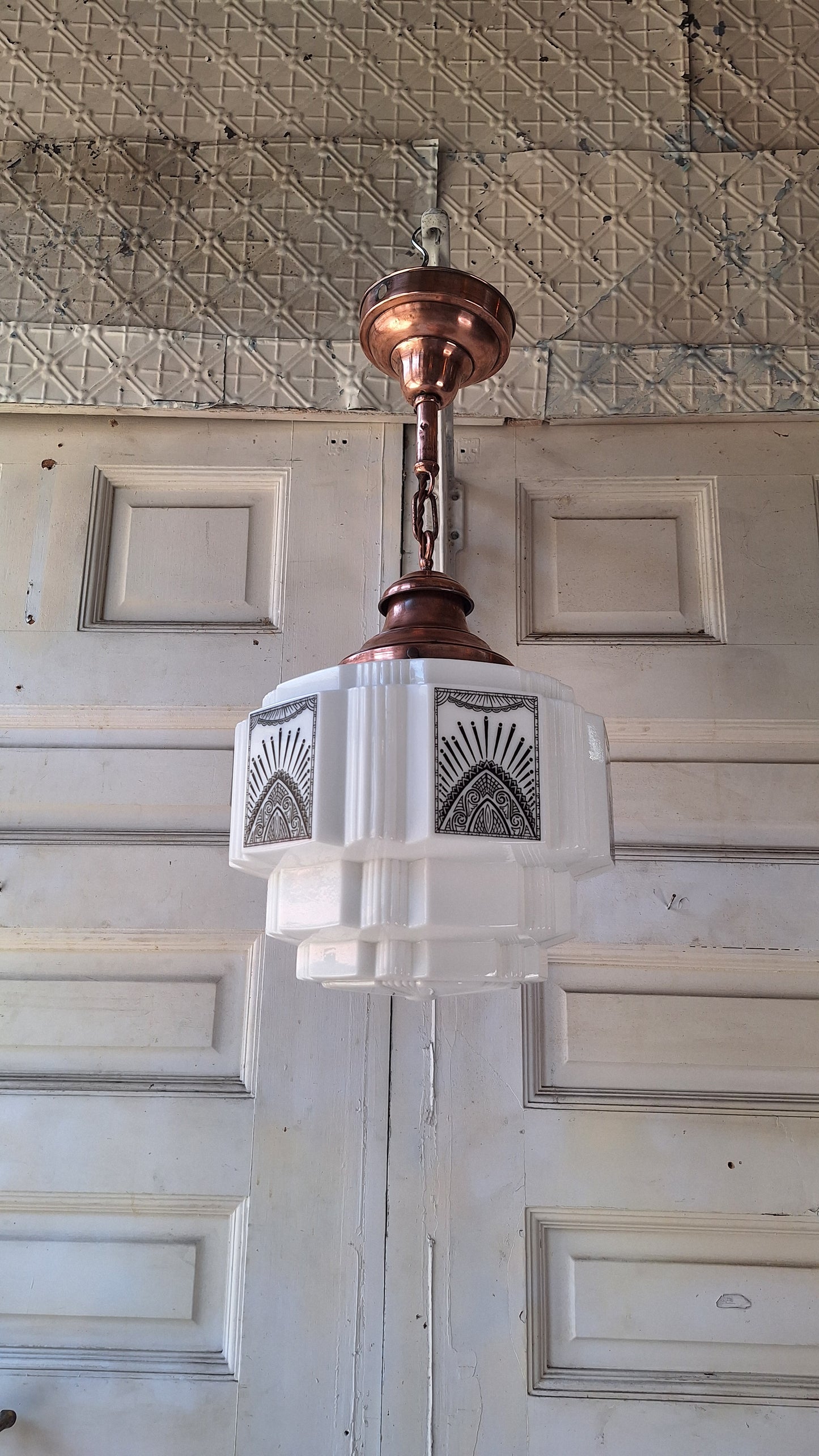 Stenciled Art Deco Skyscraper Pendant Light, Tiered Glass Shade