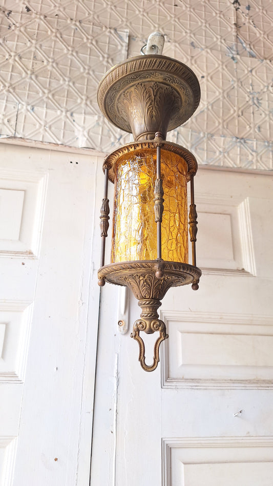 Ornate Flush Mount Lantern: Gold Finish Antique Light with Crackle Glass