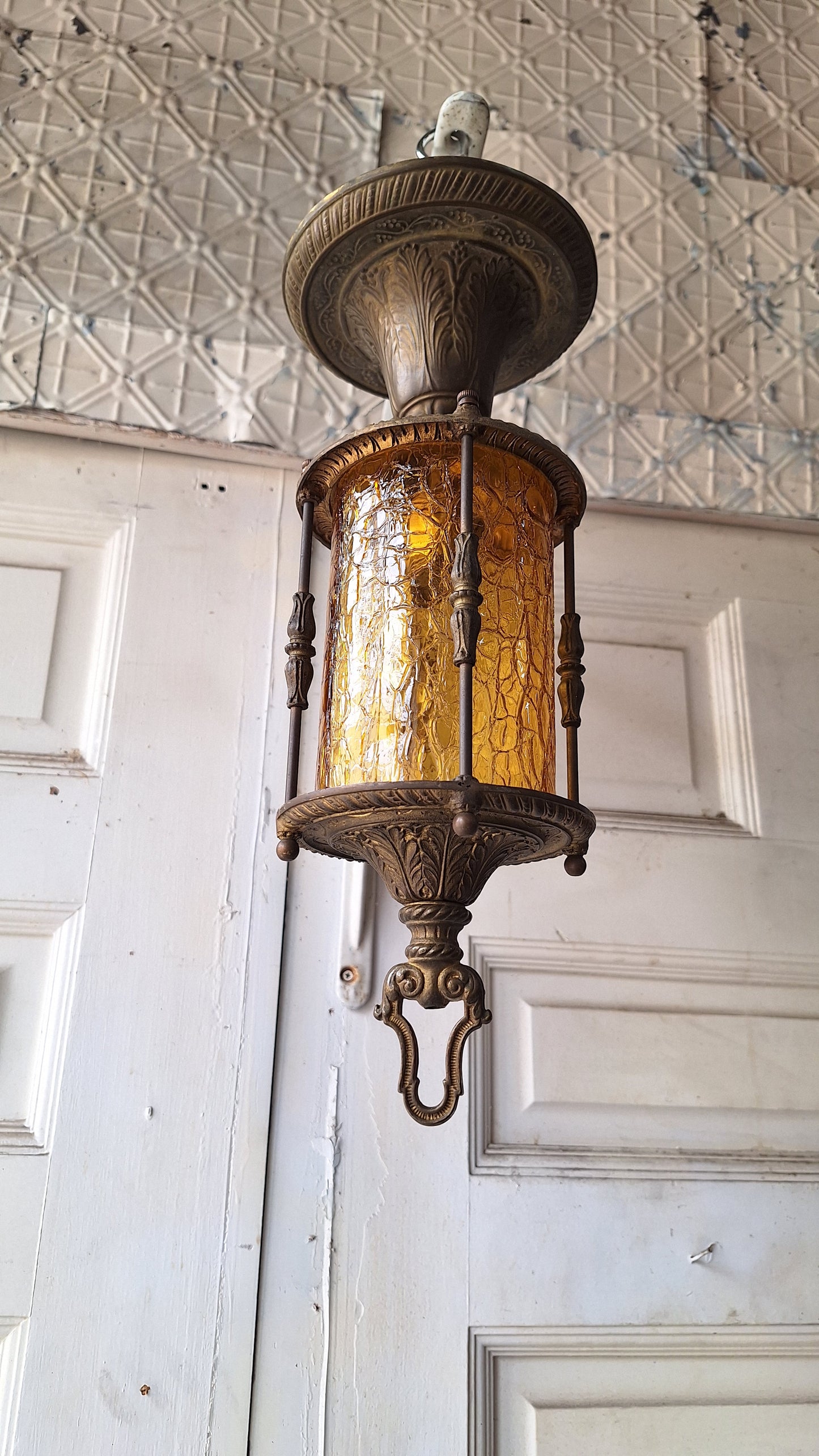 Ornate Flush Mount Lantern: Gold Finish Antique Light with Crackle Glass