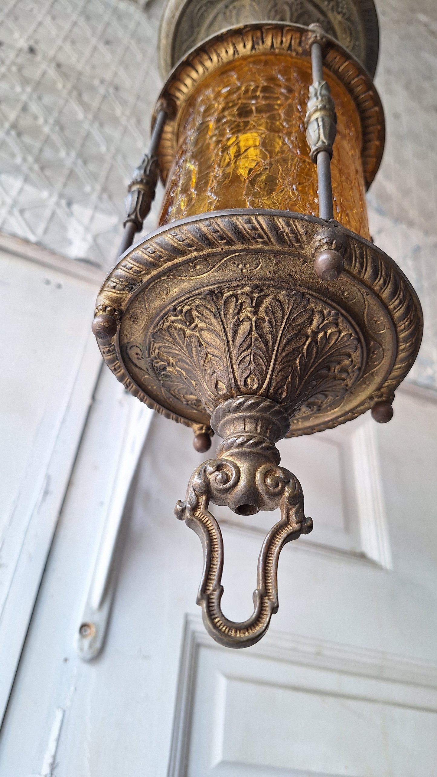 Ornate Flush Mount Lantern: Gold Finish Antique Light with Crackle Glass