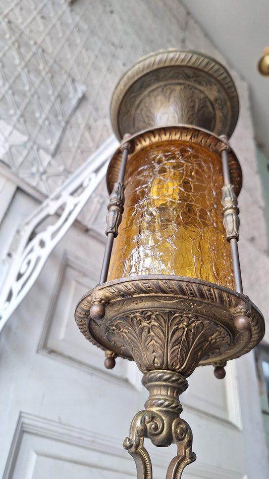 Ornate Flush Mount Lantern: Gold Finish Antique Light with Crackle Glass