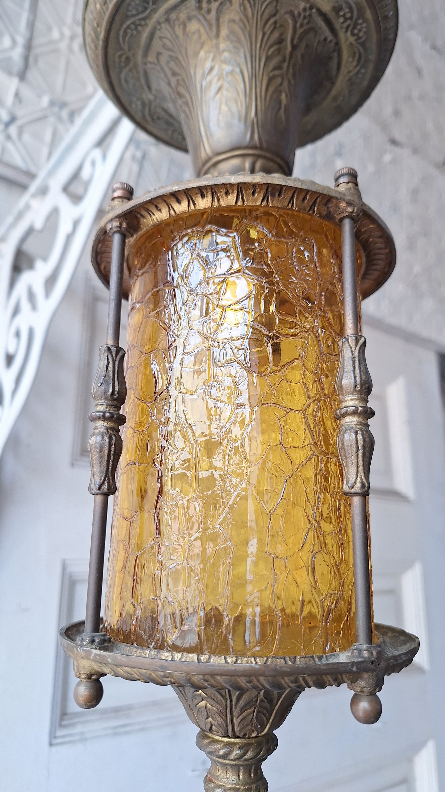 Ornate Flush Mount Lantern: Gold Finish Antique Light with Crackle Glass
