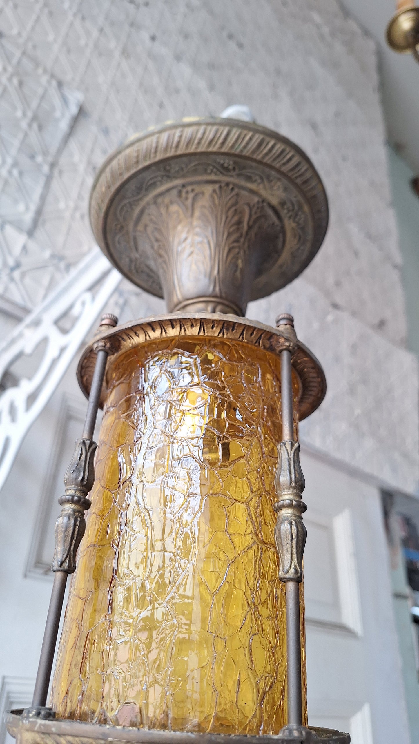Ornate Flush Mount Lantern: Gold Finish Antique Light with Crackle Glass